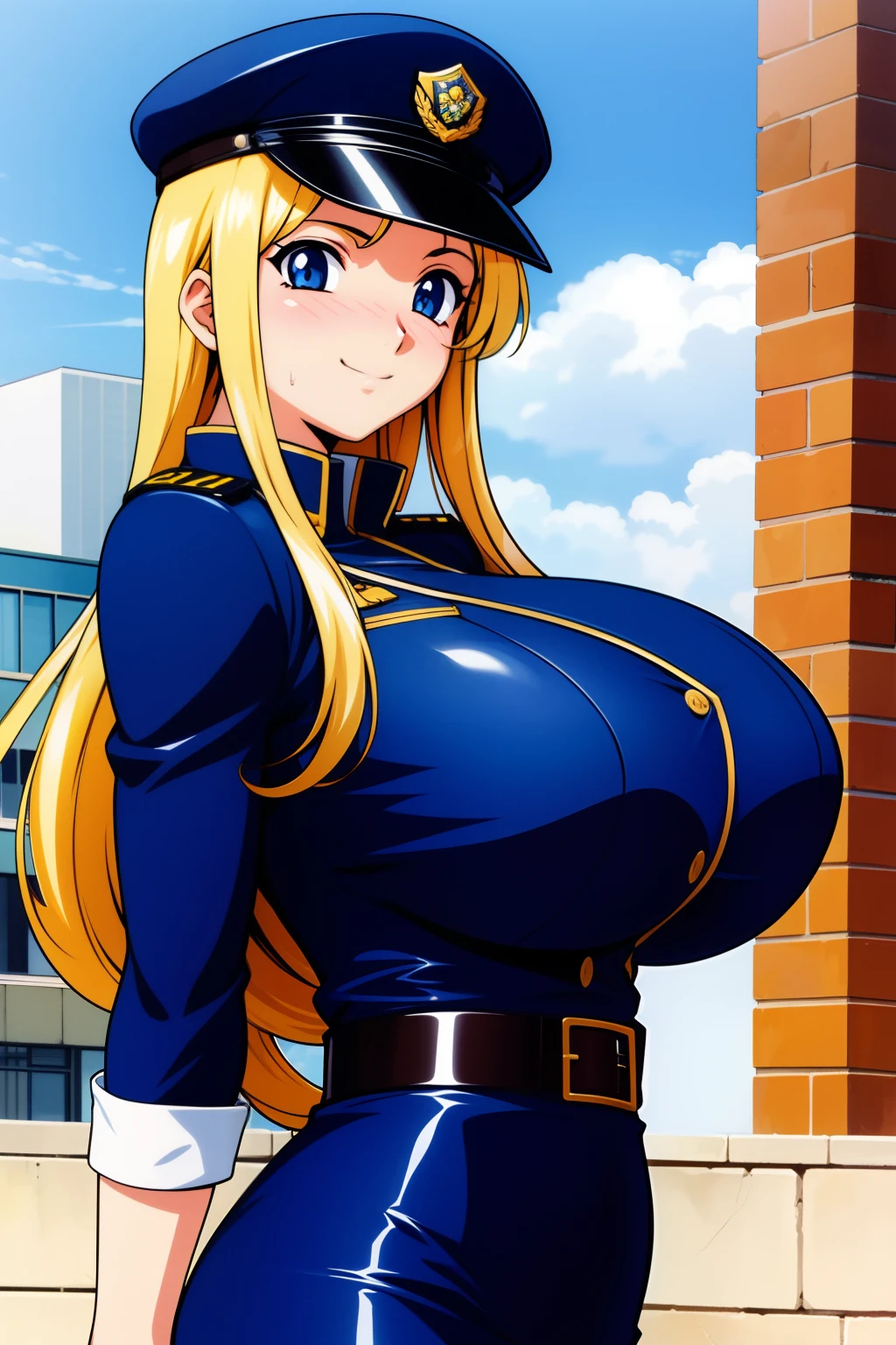 best quality, ultra-detailed, high resolution, 4k, anime screencap, Policewoman Uniform, police cap, pencil skirt, blonde hair, long hair, parted bangs, blue eyes, 1990s \(style\), outdoors, city, 1girl, huge breasts, nose blush, smile, from front