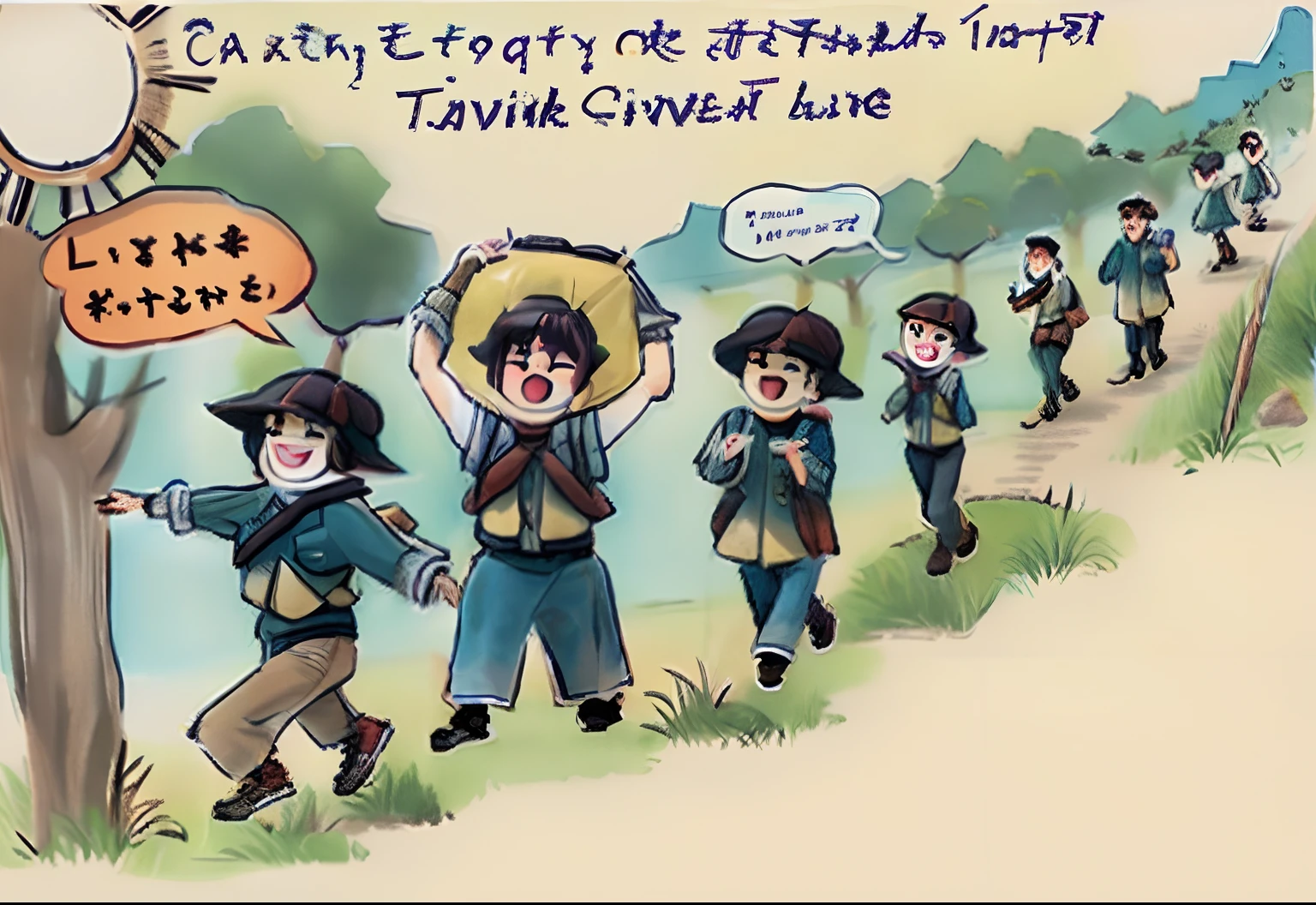 "Realistic photo of a lively group of students embarking on an exciting camping adventure."