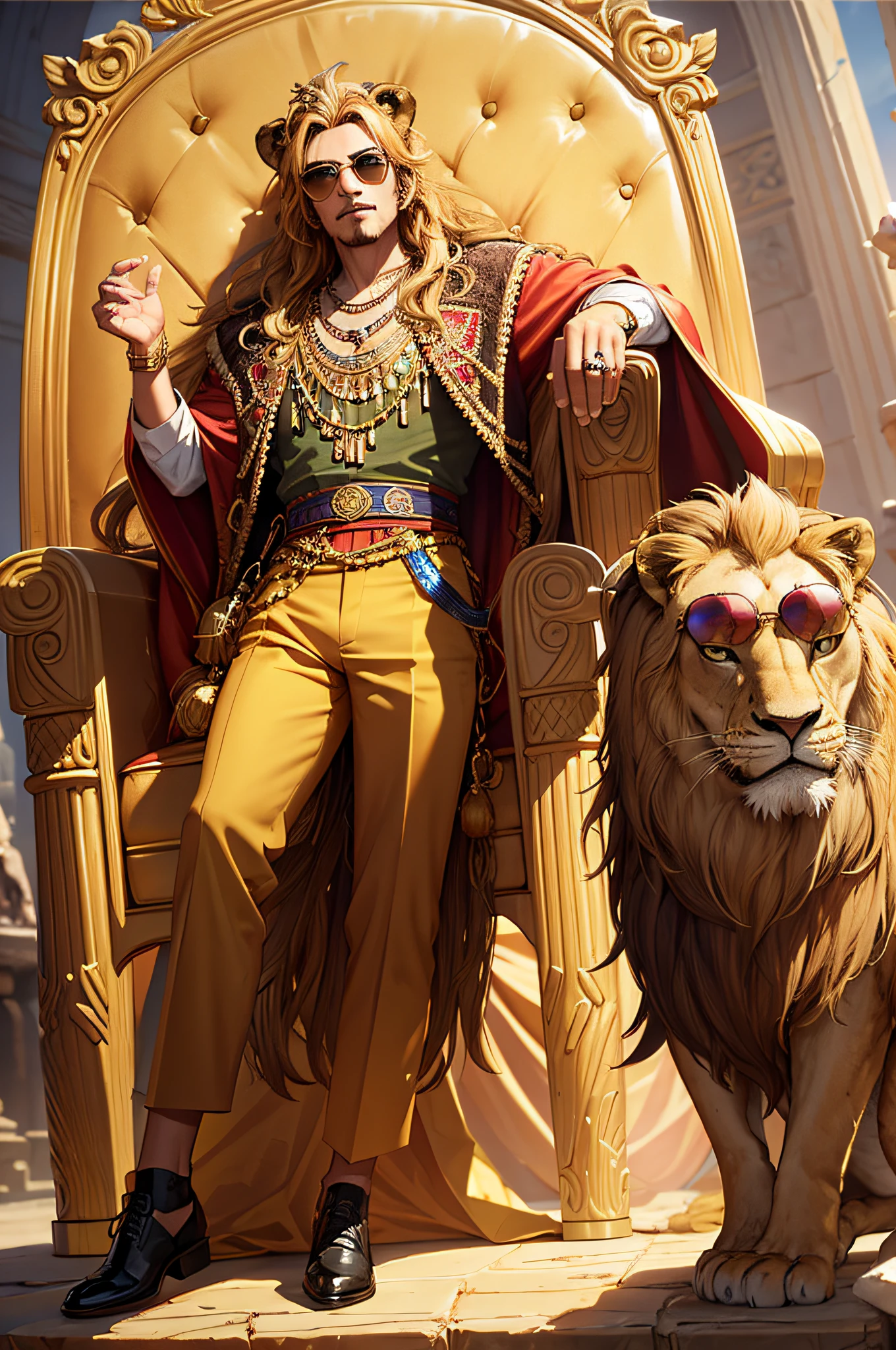 masterpiece, best quality, realistic, fashion lion, lion king, human lion head, glasses on head, gear, gemstone, sunglasses, gold, jewelry, magic ring, male_focus, pants, shoes, sunglasses, tassels, throne,