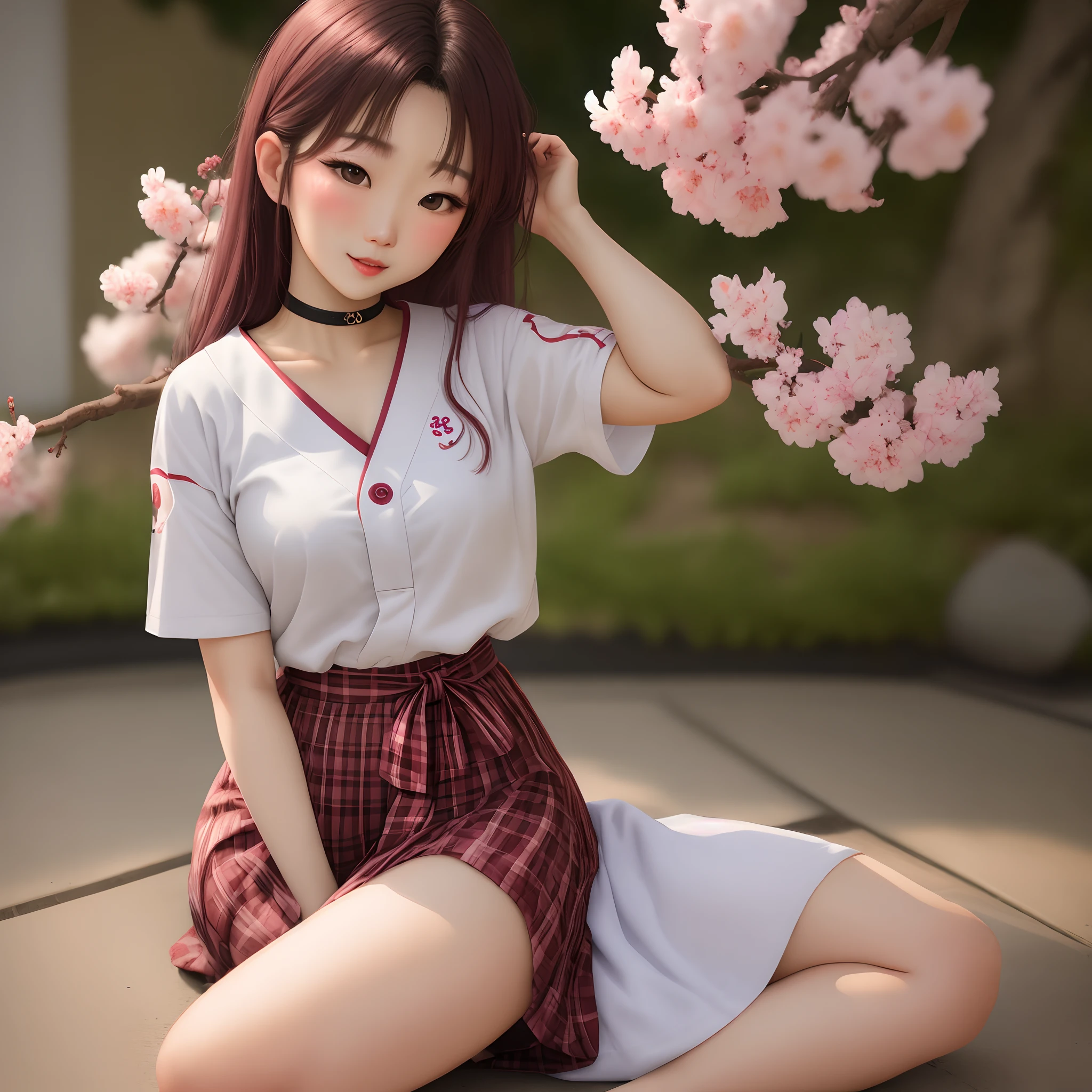 a woman sitting on a bench in a park with cherry trees, beautiful style 4 k, beautiful moe artstyle, beautiful visual of a cute girl