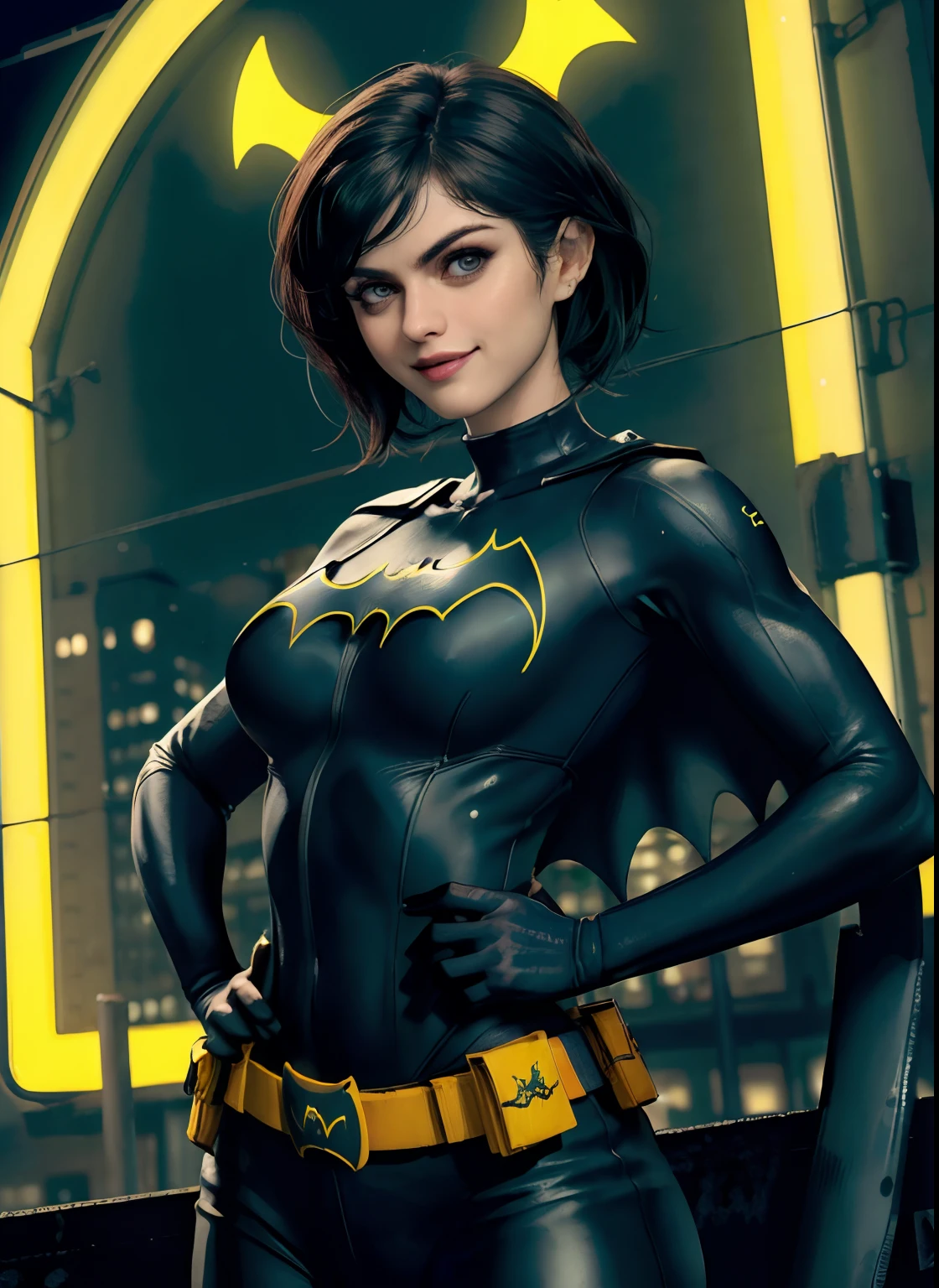 (obra-prima, melhor qualidade), 1girl, solo, Alexandra Daddario, batgirl terno, cabelo preto, olhos castanhos, sorriso,
akihabara, dos mortos, noite, de cima, Standing roof, neon sign, centro de jogos,