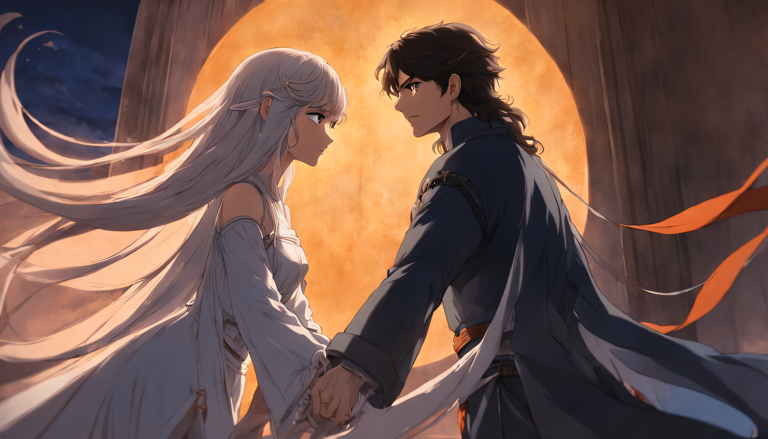 A couple of anime characters holding hands in front of a full moon ...