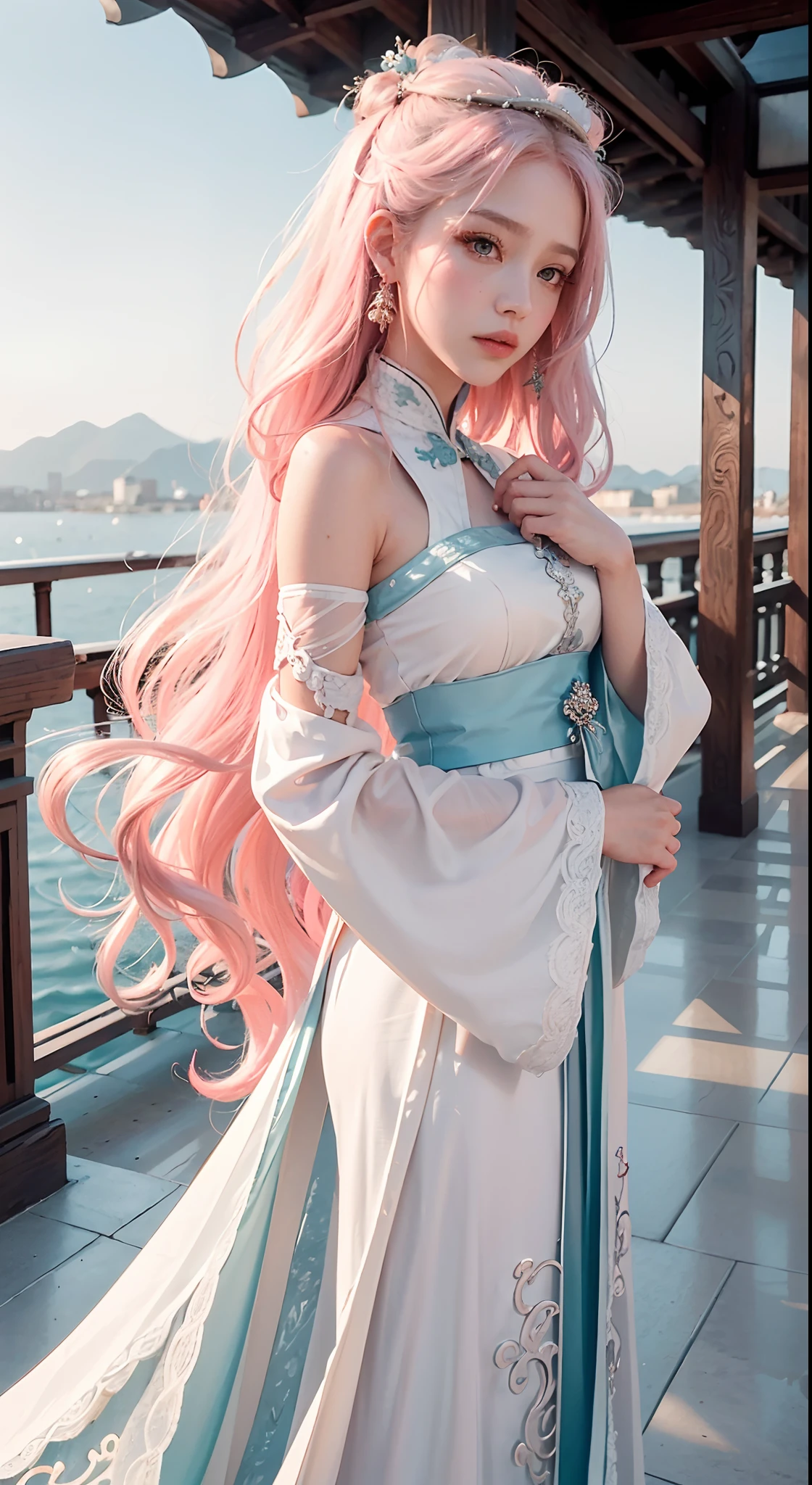 (filigree,Sharp images,Hyper-Resolution,Extremely amazing detail,awe-inspiring detail),sub surface scattering,The optimal ratio of four fingers to one thumb,tmasterpiece,best qualtiy,high qulity,(1girll:1.2),独奏,light pink colored hair,Long flowing hair,Large jasper colored eyes,apathy,flowing white long skirt,Chinese Hanfu,Fairy