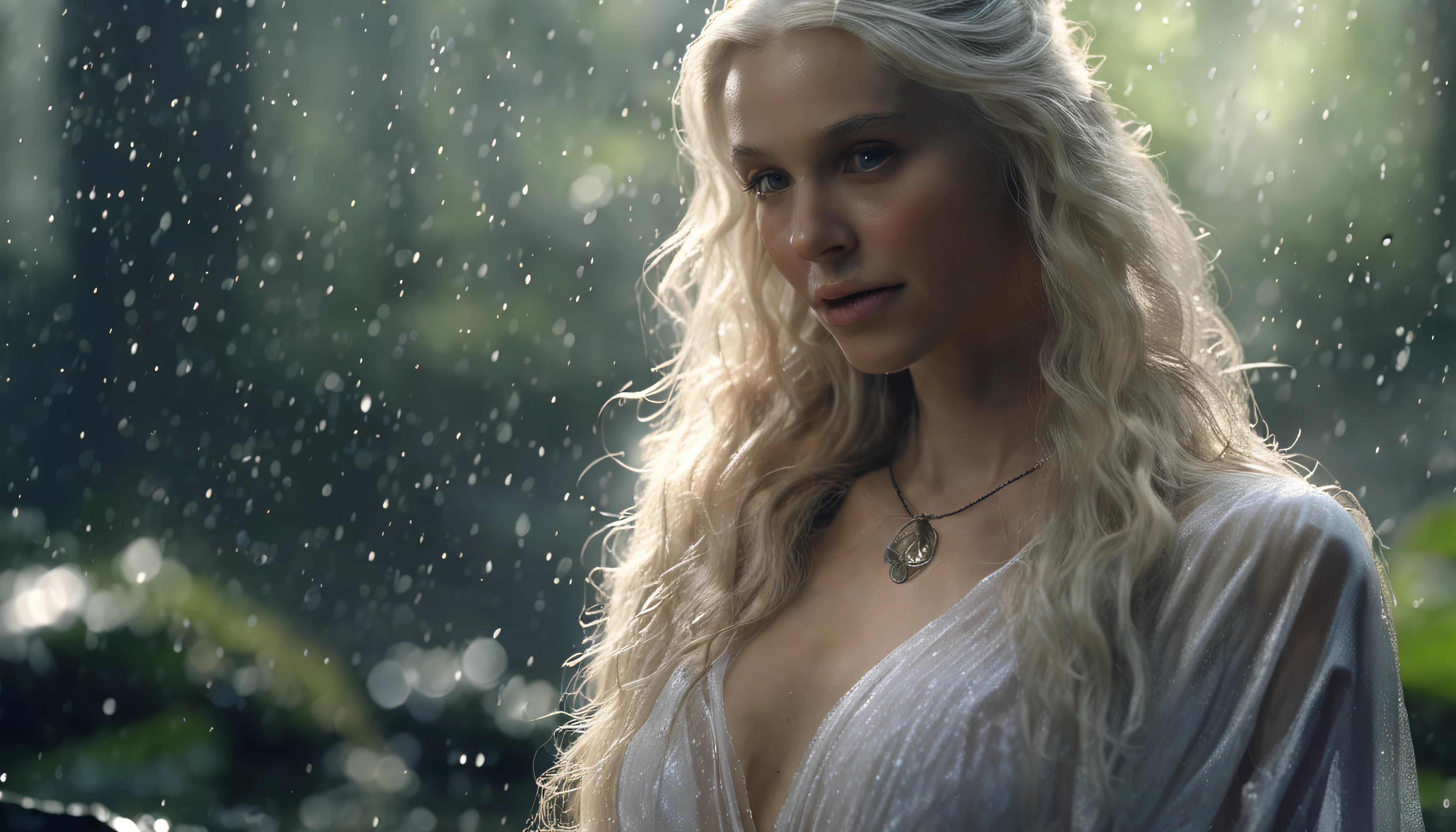 (masterpiece, high resolution:1.5), (photoshoot in the enchanting forest:1.2), (heavy rainfall creating a magical ambiance:1.2), (silver-haired elf maiden:1.2), (glistening wet hair and body:1.2), (sheer white blouse clinging to her form:1.2), (natural and effortless beauty:1.2), (exuding ethereal grace:1.2), (raindrops accentuating her delicate features:1.2), (subtle sensuality in her attire:1.2), (revealing and alluring semi-transparent blouse:1.4), (body confident and comfortable:1.2), (feminine curves enhanced by a skimpy thong:1.5), (sultry and captivating allure:1.2), (angular lens capturing her striking presence:1.2), (soft, warm sunlight breaking through the rain:1.2), (creating a magical and ethereal glow:1.2), (elven enchantress immersed in nature:1.2), (serene expression amidst the rainstorm:1.2), (evoking a sense of tranquility and mystery:1.2), (an intimate connection with the elements:1.2), (celebrating the beauty of the natural world:1.2), Cinematic, Hyper-detailed, insane details, Beautifully color graded, Unreal Engine, DOF, Super-Resolution, Megapixel, Cinematic Lightning, Anti-Aliasing, FKAA, TXAA, RTX, SSAO, Post Processing, Post Production, Tone Mapping, CGI, VFX, SFX, Insanely detailed and intricate, Hyper maximalist, Hyper realistic, Volumetric, Photorealistic, ultra photoreal, ultra-detailed, intricate details, 8K, Super detailed, Full color, Volumetric lightning, HDR, Realistic, Unreal Engine, 16K, Sharp focus, Octane render