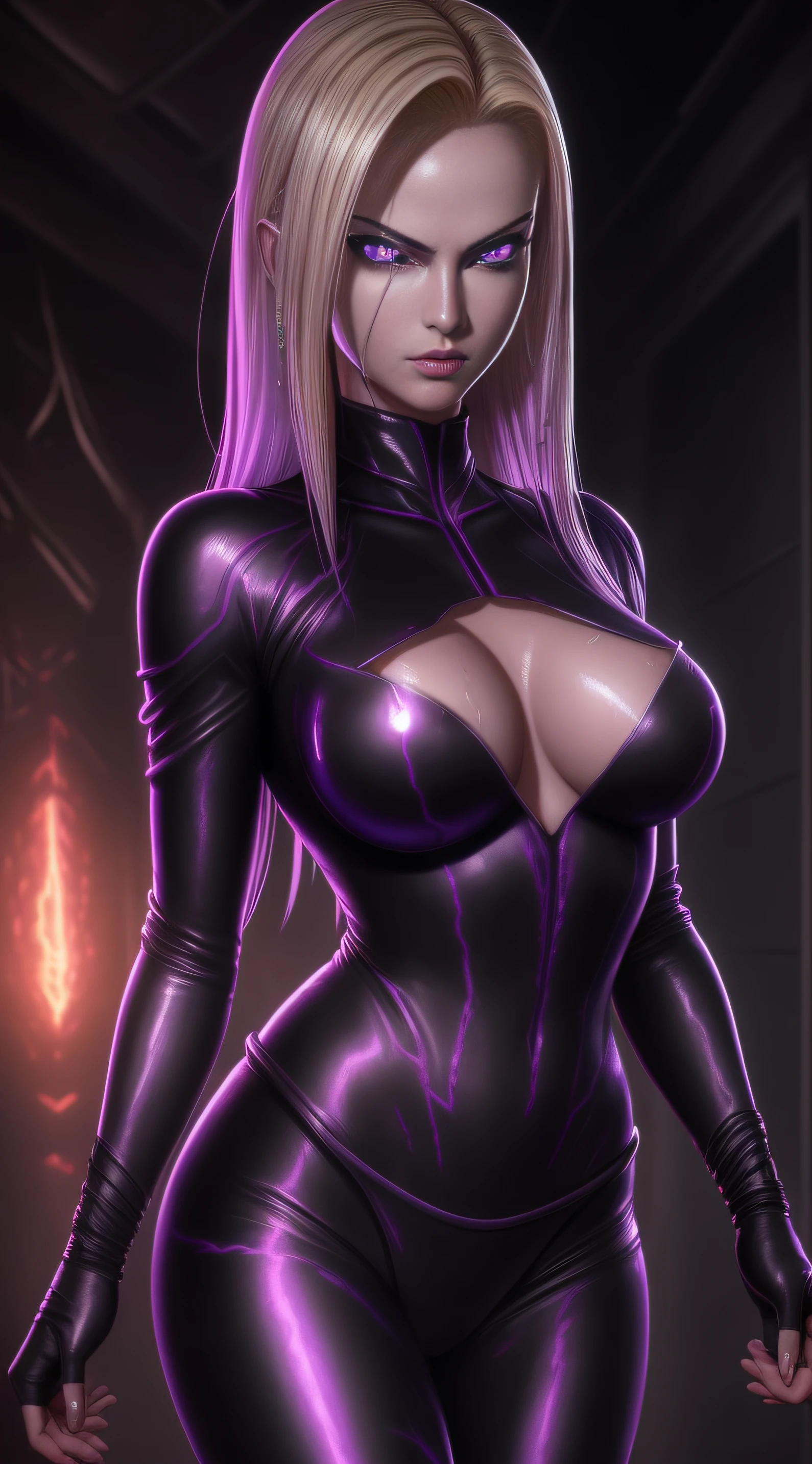 sexy android 18, Glow, seductive, glowing purple eyes , sexy , (ultra photorealistic:1.3), (masterpiece:1.4), best quality, ((realistic)), high quality, ultra detailed, ((real image)), ((realistic skin)), ((realistic face)),(illustration:1.05), (beautiful:1.05), (beautiful detailed eyes:1.05), (cinematic light:1.1), Extremely realistic , evil , wet ,corrupted , black veins ,parasites , dark energy , swarm, hive ,