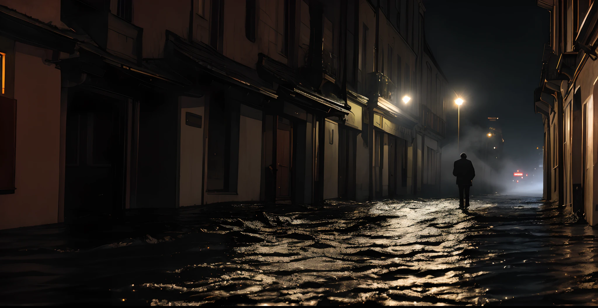 Ultra Realistic Photo，A cinematic scene，Sherlock Holmes walks on the water in a storm，tmasterpiece，best qualtiy，high qulity，8k extremely detailed CG unit wallpaper，Award-winning photography，bokeh，depth of fields，HDR，Flood，color difference，realisticlying，extremely detaile，trending on artstration，Trend of CGsociety，iintricate，high detal，dramatics，art in the middle of the journey，  Artistic monochrome，Textured film particles，atmospheric fog，shallowdepthoffield，Tough city atmosphere：0.3 Movie black and white street photos，deep in the night.Lights stroll along the historic streets。Images taken from a low angle show magnificent buildings and cobbled alleys，A faint candlelight cuts through the mist，Cast dramatic shadows。The camera emphasizes the existence of mystery，Highlight their confident pace，Capture the essence of urban exploration and mystery。A lonely figure of a person。