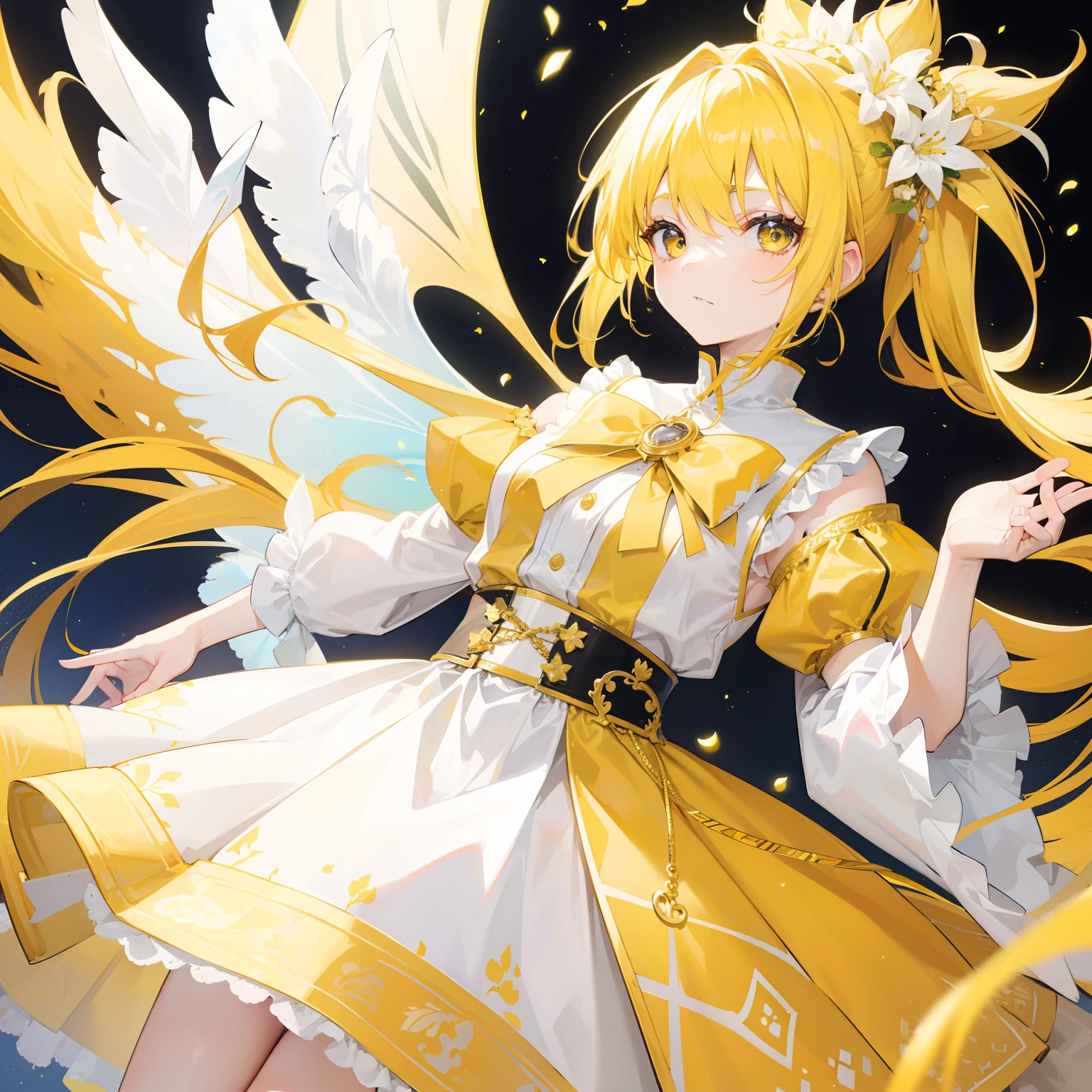 Bright yellow hair,high ponytails,White and yellow clothes are decorated with gold accents,Cute and cute as a fairy