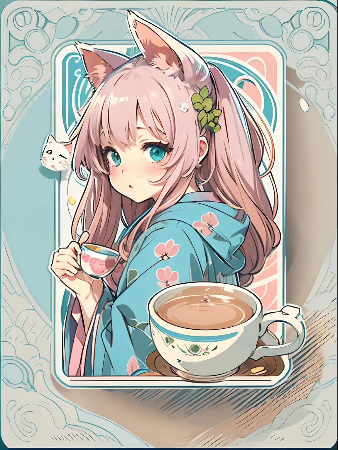 sticker, cute anime girl head, longhair style, cat ears, wearing pink kimono, drinking tea, in circle, white Background, Bright blue, Simple, Ultra Detailed, Detailed Drawing, Vectorization, Silhouette, 8k, professional sticker design, flat design, vector lines, sticker, drawing, Drawing, Full HD