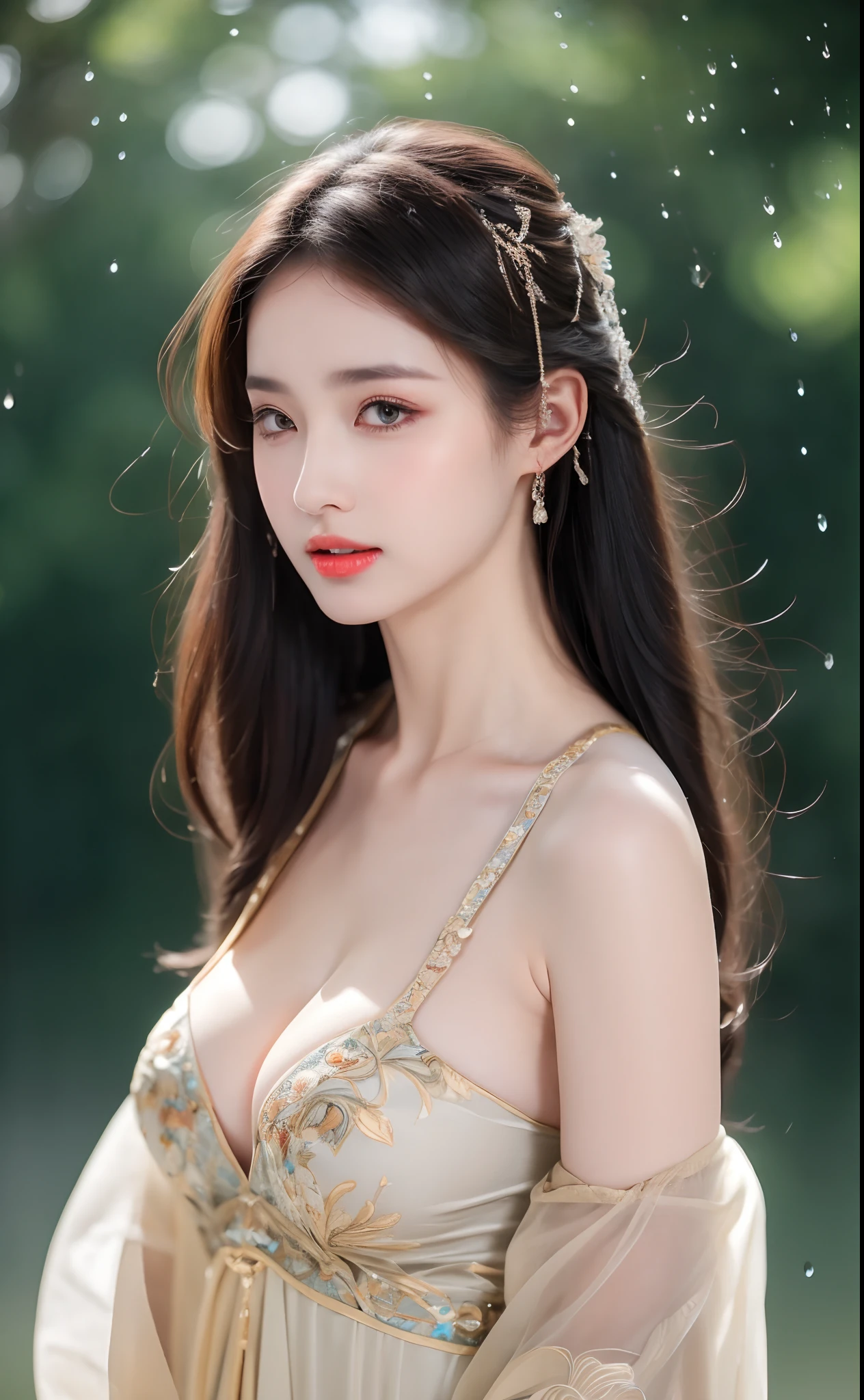 ((Best Quality, 8k, Masterpiece: 1.3)), Focus: 1.2, Perfect Body Beauty: 1.4, Buttocks: 1.2, ((Layered Haircut)), (Wet Clothes: 1.1), (Rain, Street:1.3), (Breasts: 1.2), (Hanfu: 1.2), Bare Shoulders, Bare Legs, Highly Detailed Face and Skin Texture, Fine Eyes, Double Eyelids, Whitened Skin, Long Hair, (Shut Up: 1.5), (Bokeh Background: 1.5), Big Breasts