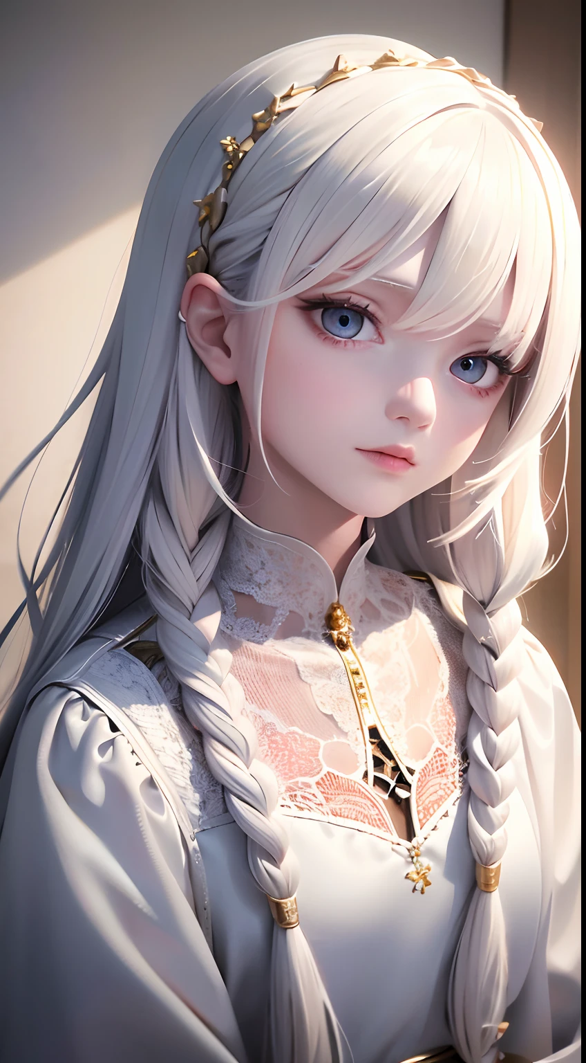 best quality, masterpiece,white hair, gold eyes,white clothes, looking up, upper body,hair strand,Fair skin,side braids