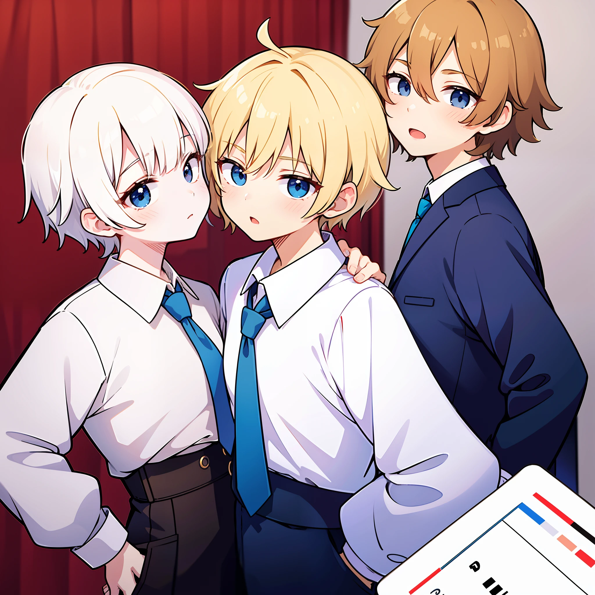 superfine illustration,masutepiece,Animated,Boy,man,Man's,gay,Yaoi,Guy,man,Man's,Short hair,Curly hair,Parted bangs,Blonde hair,Blue eyes,White skin,white  shirt,Pull on the tie