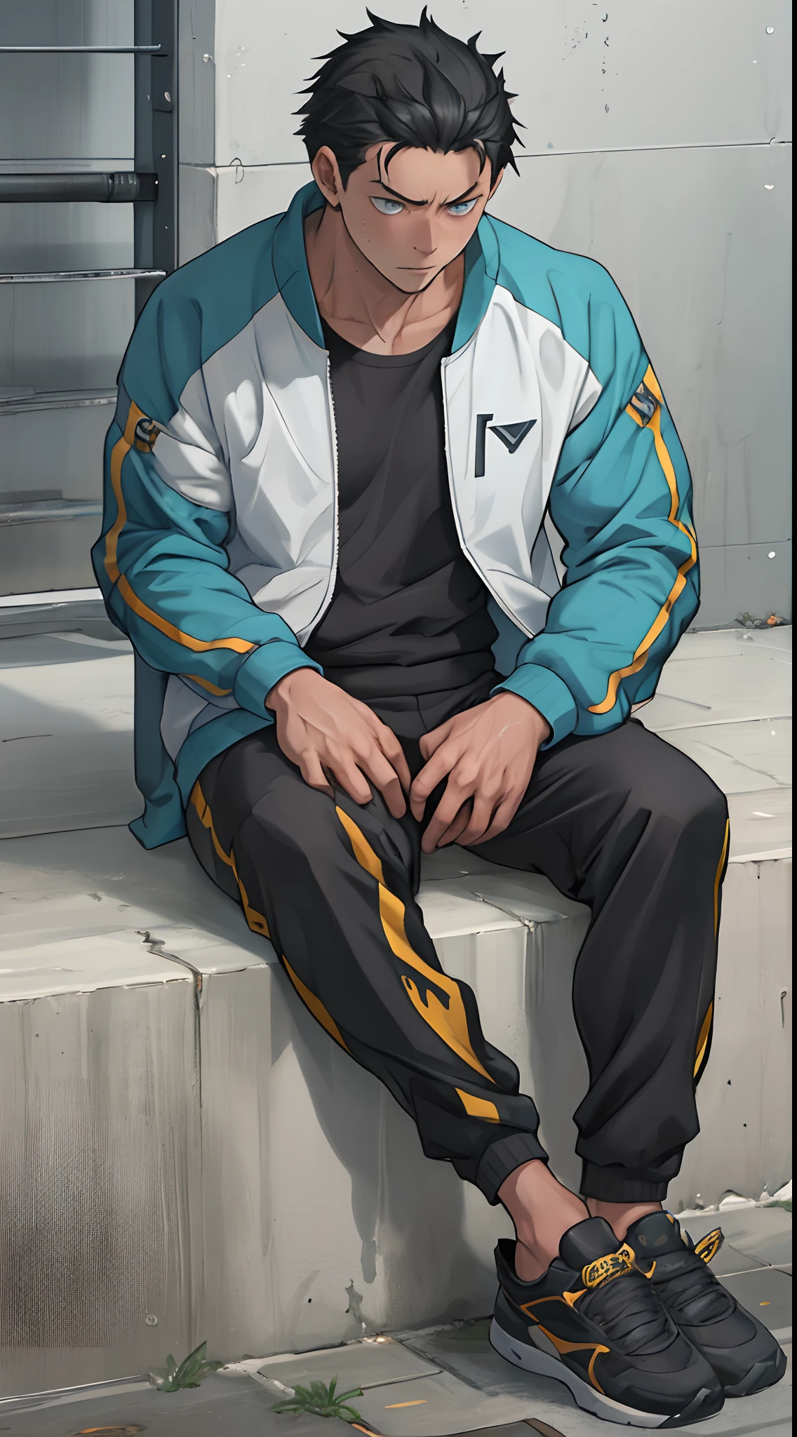 （1 Adult male），A high resolution， Sharp focus， Pixiv masterpiece， （（Complicated details））， highly  detailed， natsuki_subaru， 1 man，perfect male figure，Urine on the trouser leg， Nervously bow your head，is shy，embarressed，exhilarated，is shocked，panicking，worry，A pool of urine formed around him，Very eager to pee，Unbearable，Wet yourself，Urine discharge，full bodyesbian，sit astride，Tired，decadent， blue color eyes（eyes glowing）， Black hair short hair，track suit，track pants，White socks and sneakers worn on the feet，perspire，Drenched，Get wet，pissing，urine flows down the pants，look from down