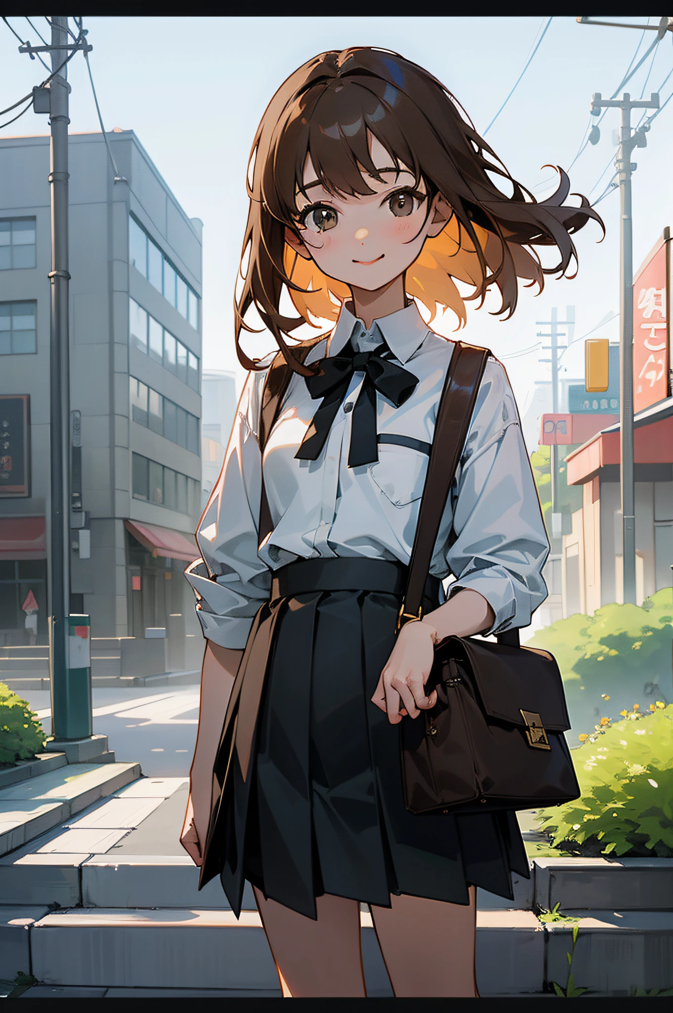 Top quality RAW photos in 32k resolution taken with Canon EOS R3, frombelow:1.15),(masterpiece、top-quality),Girl with brown hair in skirt girl:1,Inner Kara,Poshortcut,White Y-shirt,Short Brown Pretz Skirt,Black tie,suspenders,Detailed hair ornaments,1 black school bag,Landscape of the city in the morning,Buildings,tokyo streets,A smile,Refreshing face,