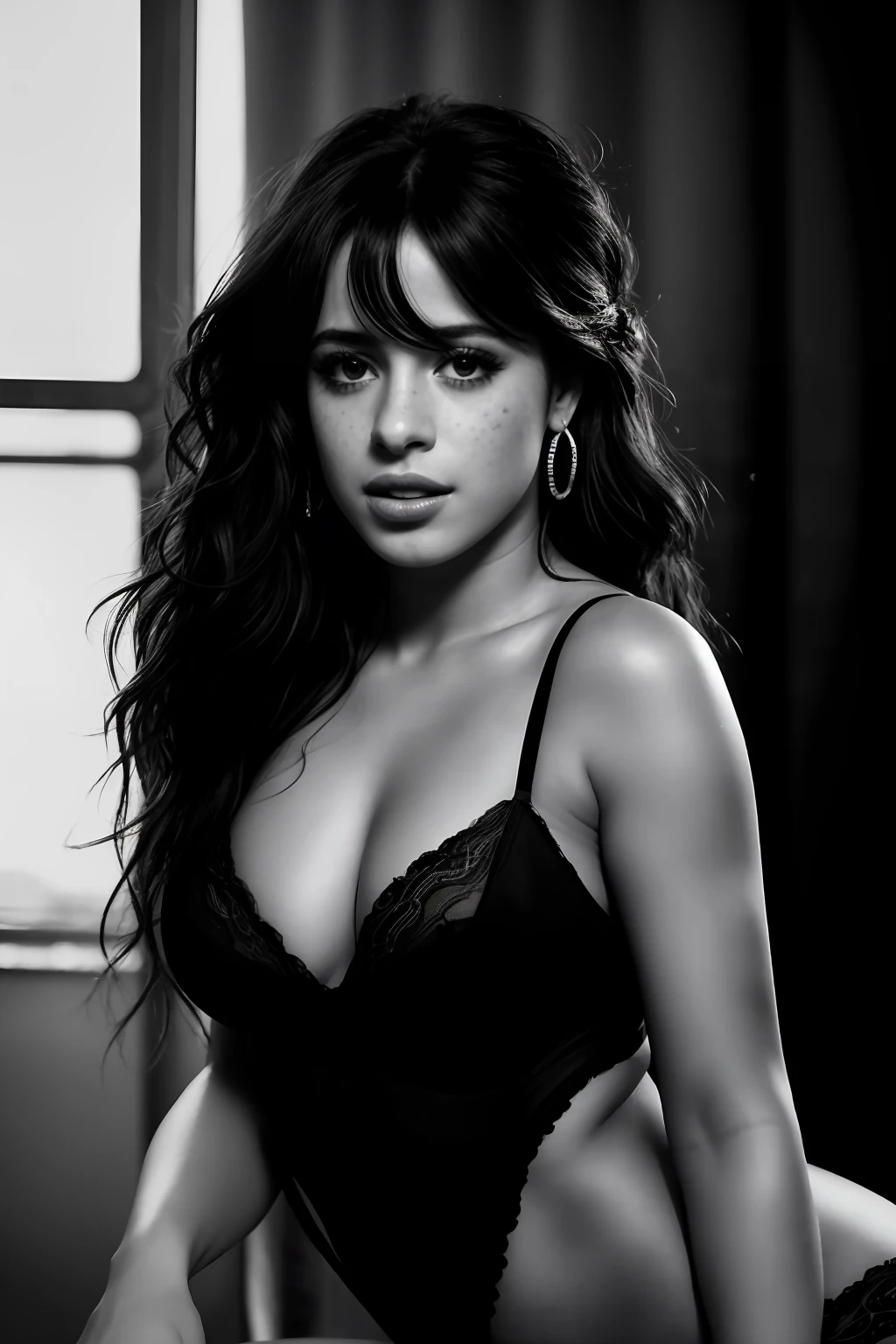 Beautiful and hottest Camila Cabello, freckles, dark makeup, hyperdetailed photography, soft light, head and breast portrait, cover, breastes.In the mouth of bonana,on the lips,On stage,Waiting, When it's in her mouth,opened her mouth.bare ass, Beautiful Curves