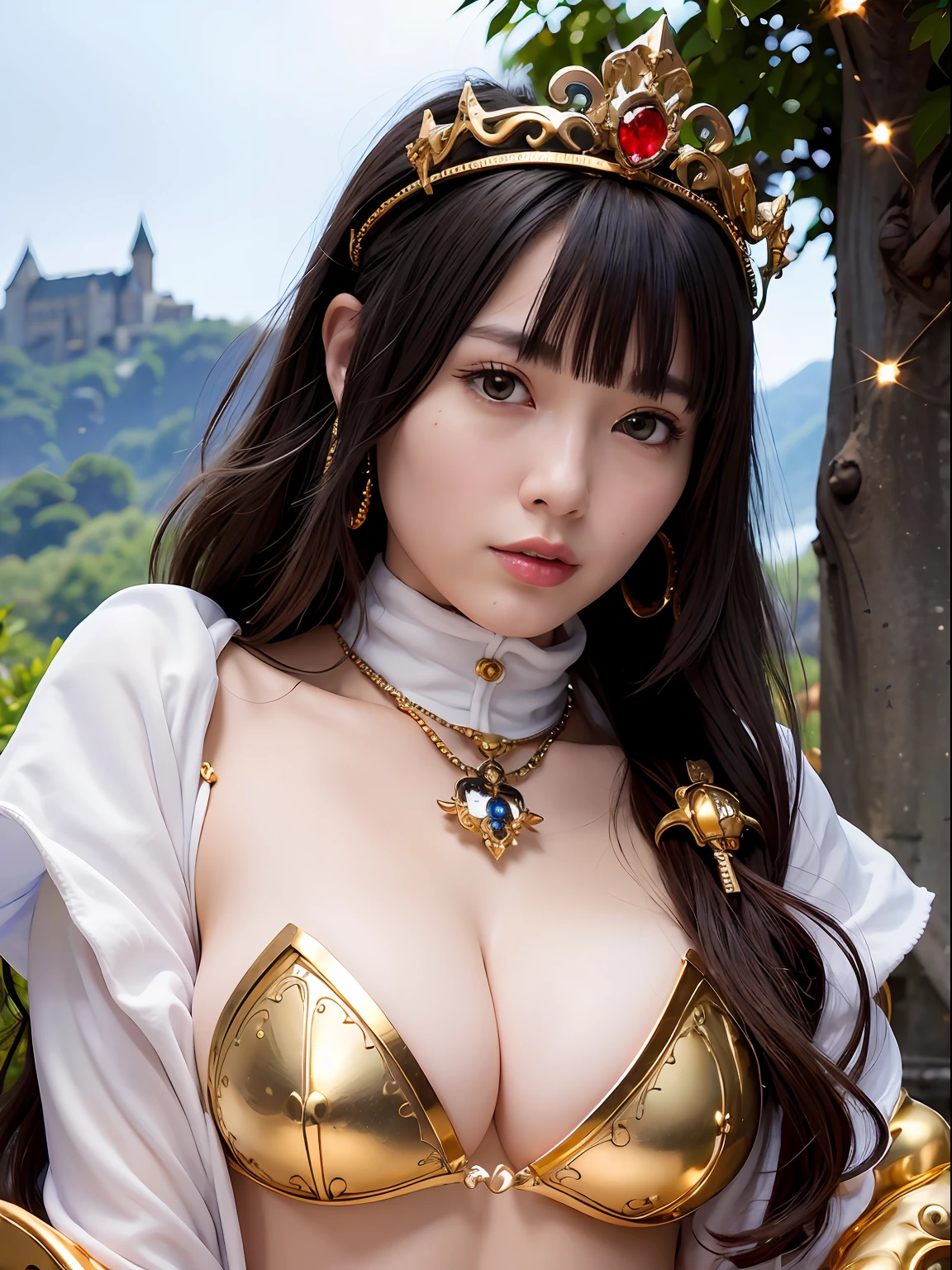 (masutepiece), Professional , masterpiece、top-quality、photos realistic , (Gemstone Silver Metal Body:1.9),(Matte White、Particles of light、Jewel Gold Weapon、(Gorgeous castle background)、(White Micro Bikini)(Jewel Metal Body:1.4),(Gorgeous Jewel Metal Weapons) , Detailed Sword of the Brave ,( The dragon) ,warhammer 40k , adepta sororitas,Detail and ornate jewel crown、独奏、Black hair、(Gangle's forest background)、Beautiful Caucasian beauty、1a person、dynamic ungle,(((Diamond tiara with detail and luxury)))、a small face、A smile、Powerful poses、(Gorgeous castle background)、huge-breasted、20 year old beautiful woman、Stand in the center of the screen、Thin female fingers、Smaller head、Glamorous body、Beautiful ass、