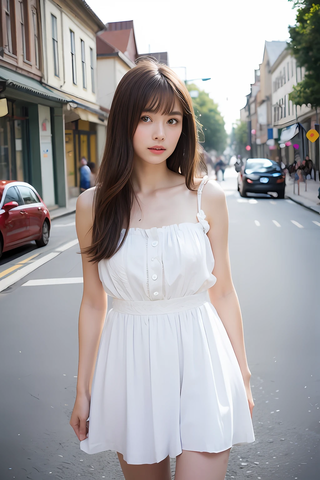 (From head to thighs:1.5),(bokeh in the background)、(f/1.8)、(best qualtiy:1.2)、1girll、standing on your feet,looking at viewert、(ta costume ),(Superskirt)、(Simple street in the background:1.4)、Precise proportions、White skin of the、real looking skin、tmasterpiece、Studio lighting、(((The erection)))、Natural abs、By bangs、bare shoulders、hair between eye、pale brown hair、二重まぶた、Central eye、独奏、