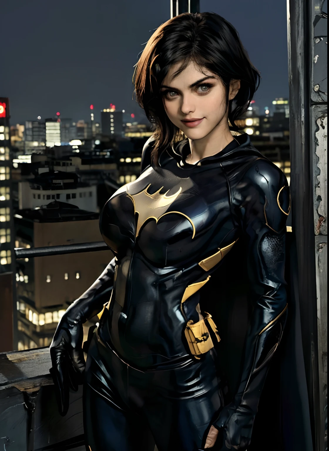 (obra-prima, melhor qualidade), 1girl, solo, Alexandra Daddario, batgirl terno, cabelo preto, olhos castanhos, sorriso, ((seios muito gigantes)),
akihabara, dos mortos, noite, de cima, Standing roof, centro de jogos,