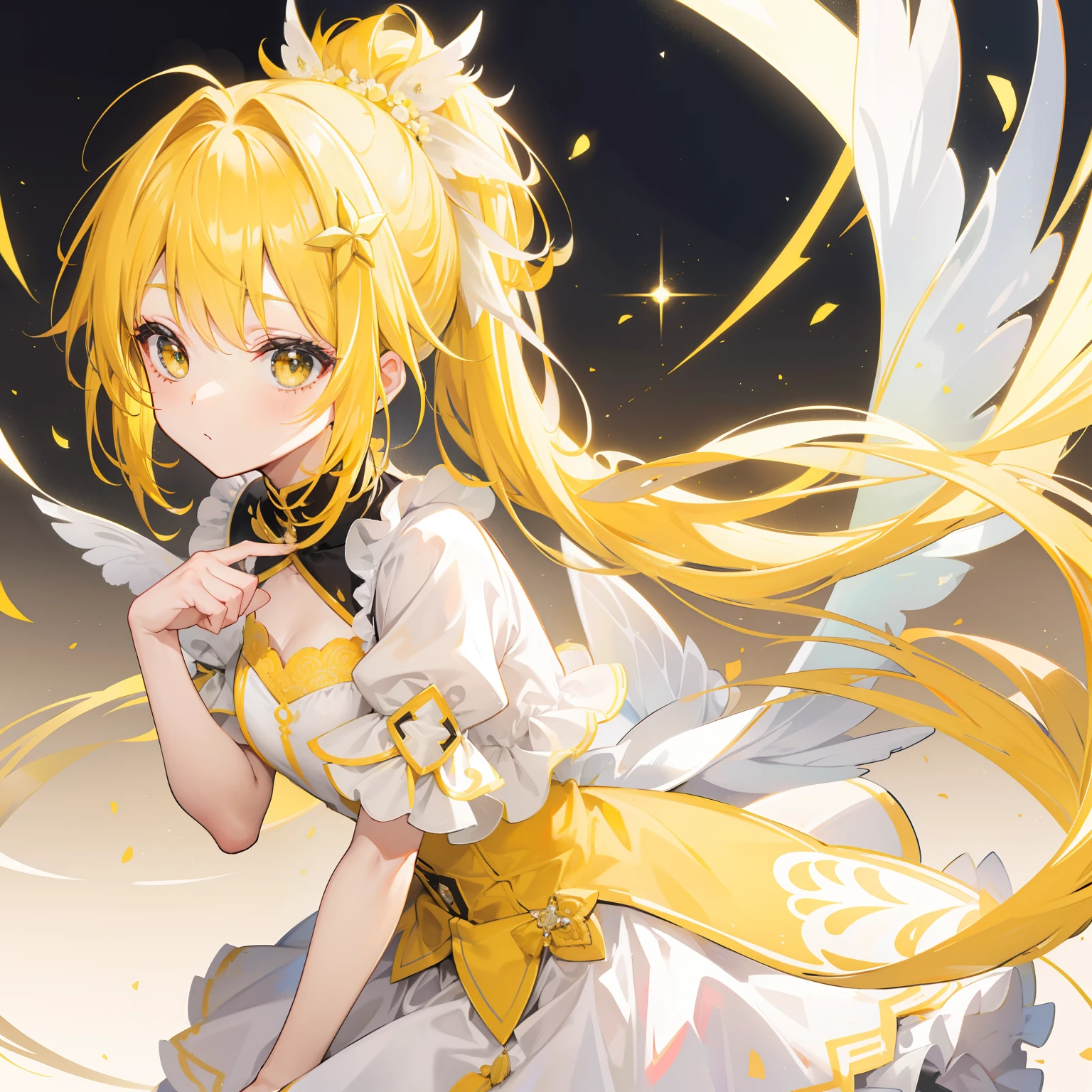 Bright yellow hair,high ponytails,White and yellow clothes are decorated with gold accents,Cute and cute as a fairy