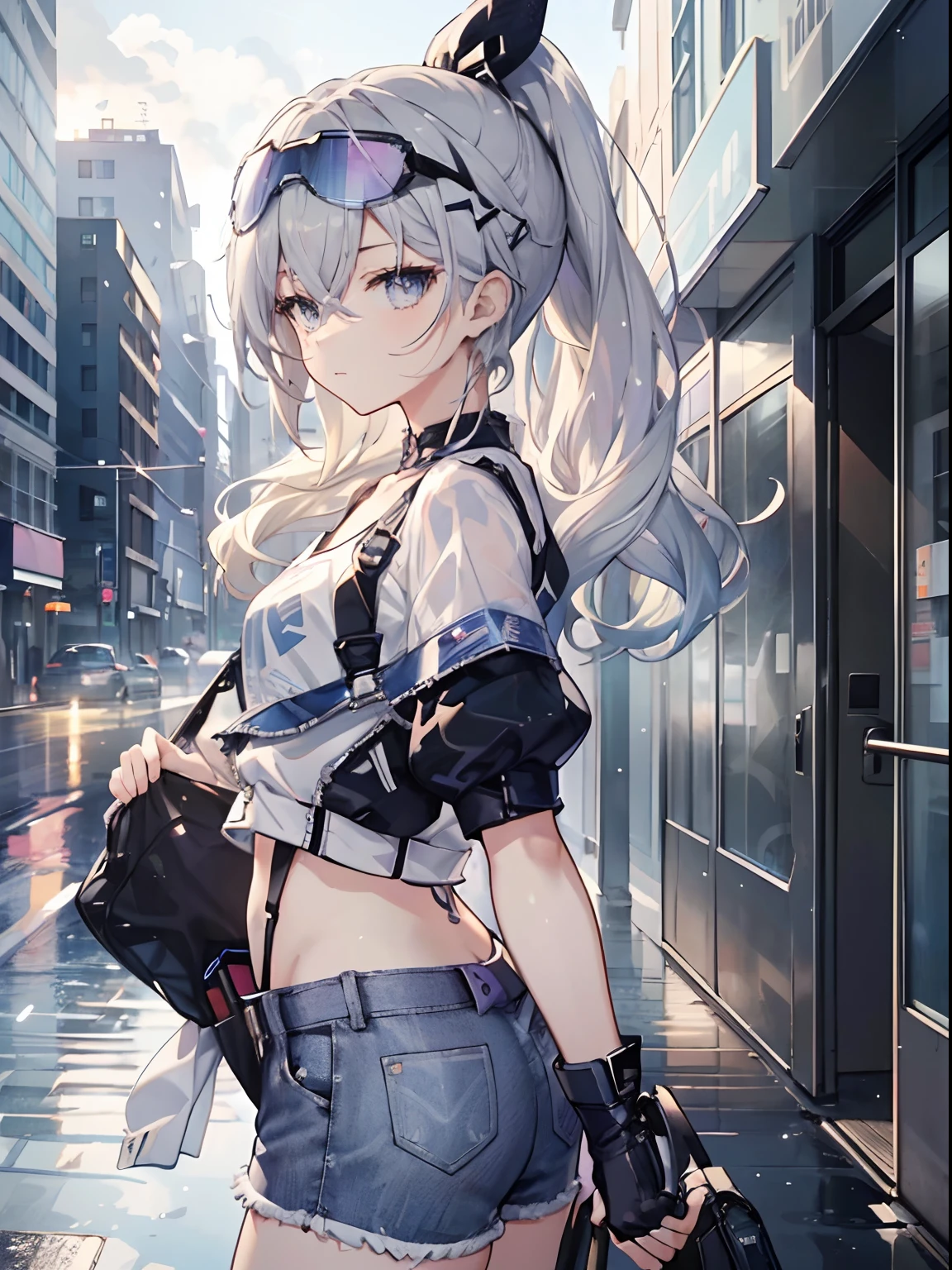 Exquisite masterpiece, best quality, illustration style, an anime girl with a curly ponytail, beautiful eyes, summer, white short-sleeved hem blown by the wind, jeans, blue-purple gradient goggles, small, heartwarming, youthful and beautiful, heroic and sassy, black and white matching, gray hair, showing a natural casual style. The dynamic posture contains the golden section, large aperture portrait, white space, strong contrast between light and shadow, super texture, super clear and concise picture, presenting extremely beautiful, elegant temperament, delicate facial expressions, city background, rainy days, road area water reflection