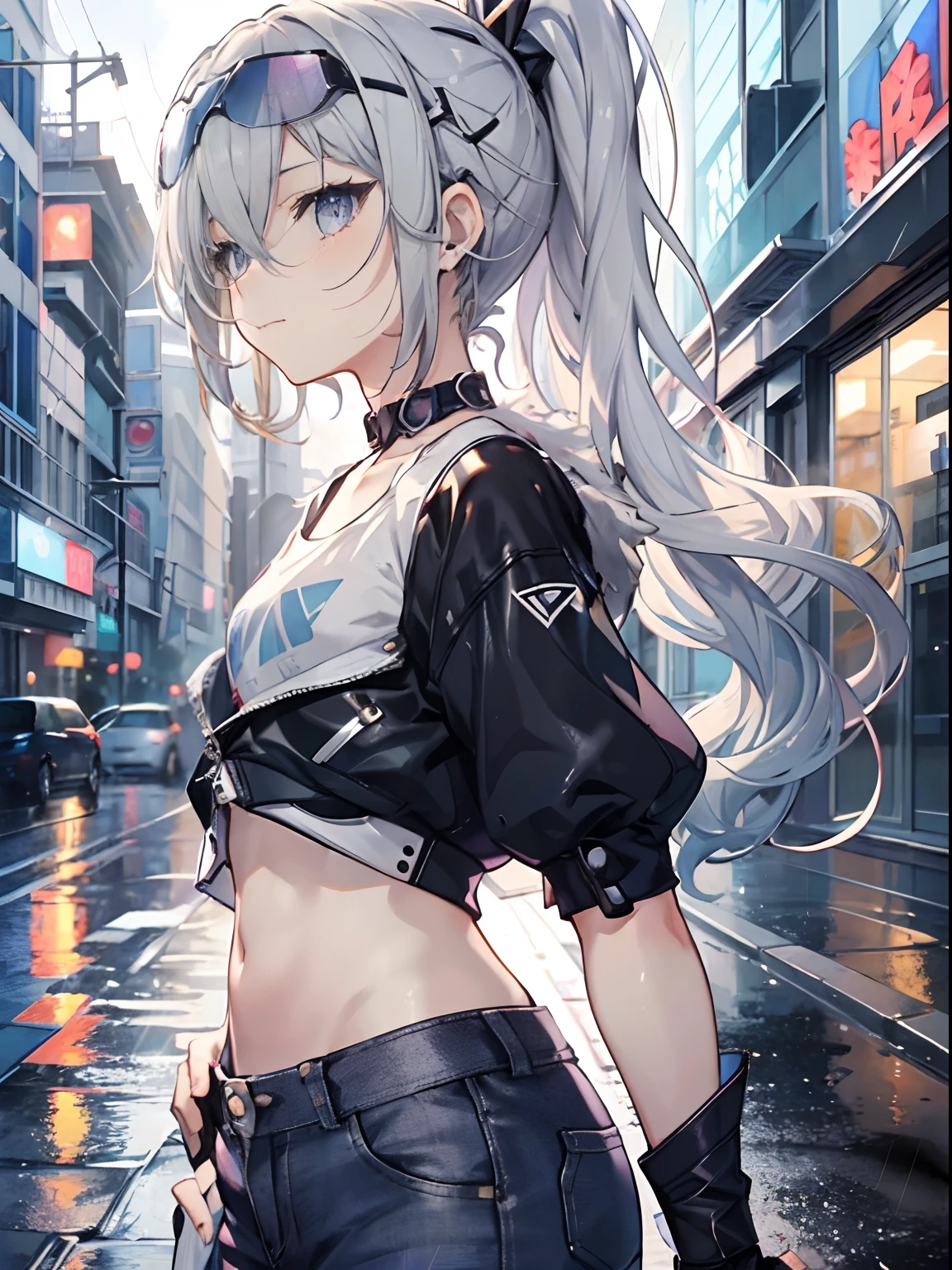 Exquisite masterpiece, best quality, illustration style, an anime girl with a curly ponytail, beautiful eyes, summer, white short-sleeved hem blown by the wind, jeans, blue-purple gradient goggles, small, heartwarming, youthful and beautiful, heroic and sassy, black and white matching, gray hair, showing a natural casual style. The dynamic posture contains the golden section, large aperture portrait, white space, strong contrast between light and shadow, super texture, super clear and concise picture, presenting extremely beautiful, elegant temperament, delicate facial expressions, city background, rainy days, road area water reflection