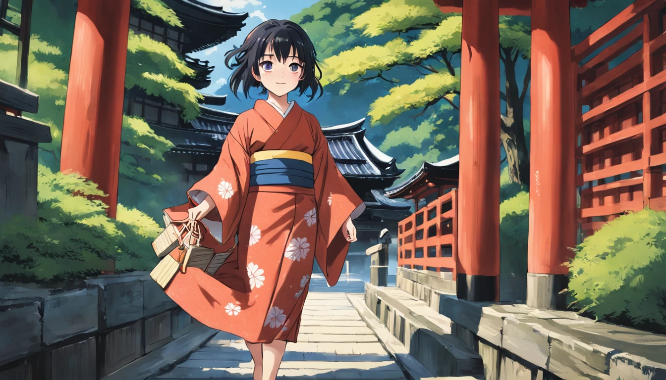 Anime girl in kimono outfit walking through a japanese temple - SeaArt AI