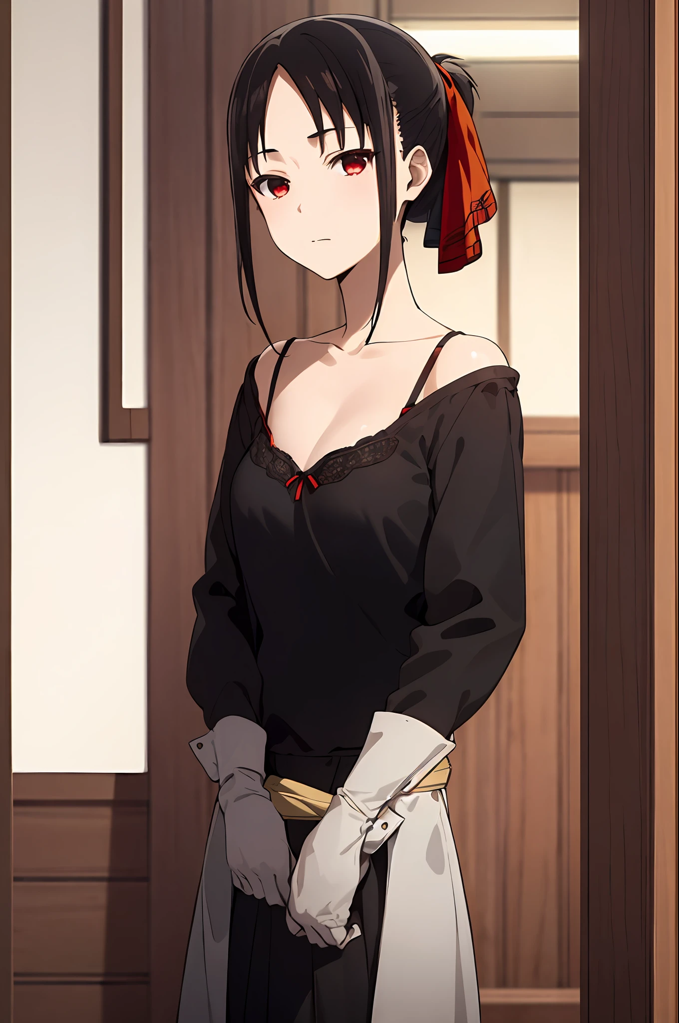 best quality, (masterpiece:1.2), detailed,20 years old,
shinomiya kaguya,
1girl, solo, closed mouth,
black hair, red eyes, short hair, folded ponytail, hair ribbon, elegant bra, red ribbon,
standing, looking at the viewer, medium breasts,((upper body)), healthy skin