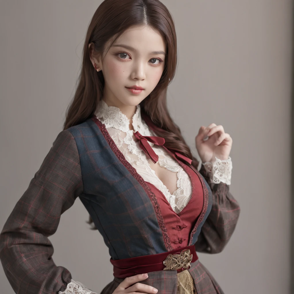 (top-quality)、 (masterpiece)、(Realistic lighting with shadows)、 (elegent)、 (A hyper-realistic:1.5)、(Stylish), (traditional), (artistic), (intricate detailes)、 (Perfect anatomical depiction of the human body)、(2 girls in), ( Huge breasts :1.6), (Beautiful bright blue eyes squinting dazzlingly)、 (She has a small mouth without lipstick)、 (She has brunette half-up hair that shines in the backlight), (She is a schoolgirl costume:1.3)、 (The skirt is a tartan plaid micro mini pleat:1.5)、 (Thin crimson ribbon ties:1.3), (The blouse is tightly closed from the neck to the skirt)、 (The blouse is very cramped:1.5)、(She stands and bends her knees slightly:1.3)、(This is a photo taken with squinted eyes and a cute smile...:1.5), (Pull up the skirt to show the crotch:2.2), (Only one person is showing his ass with his back turned:1.4), (the face is chubby:1.3), (perfect anatomia), (A detailed face), (close up of face), irene1