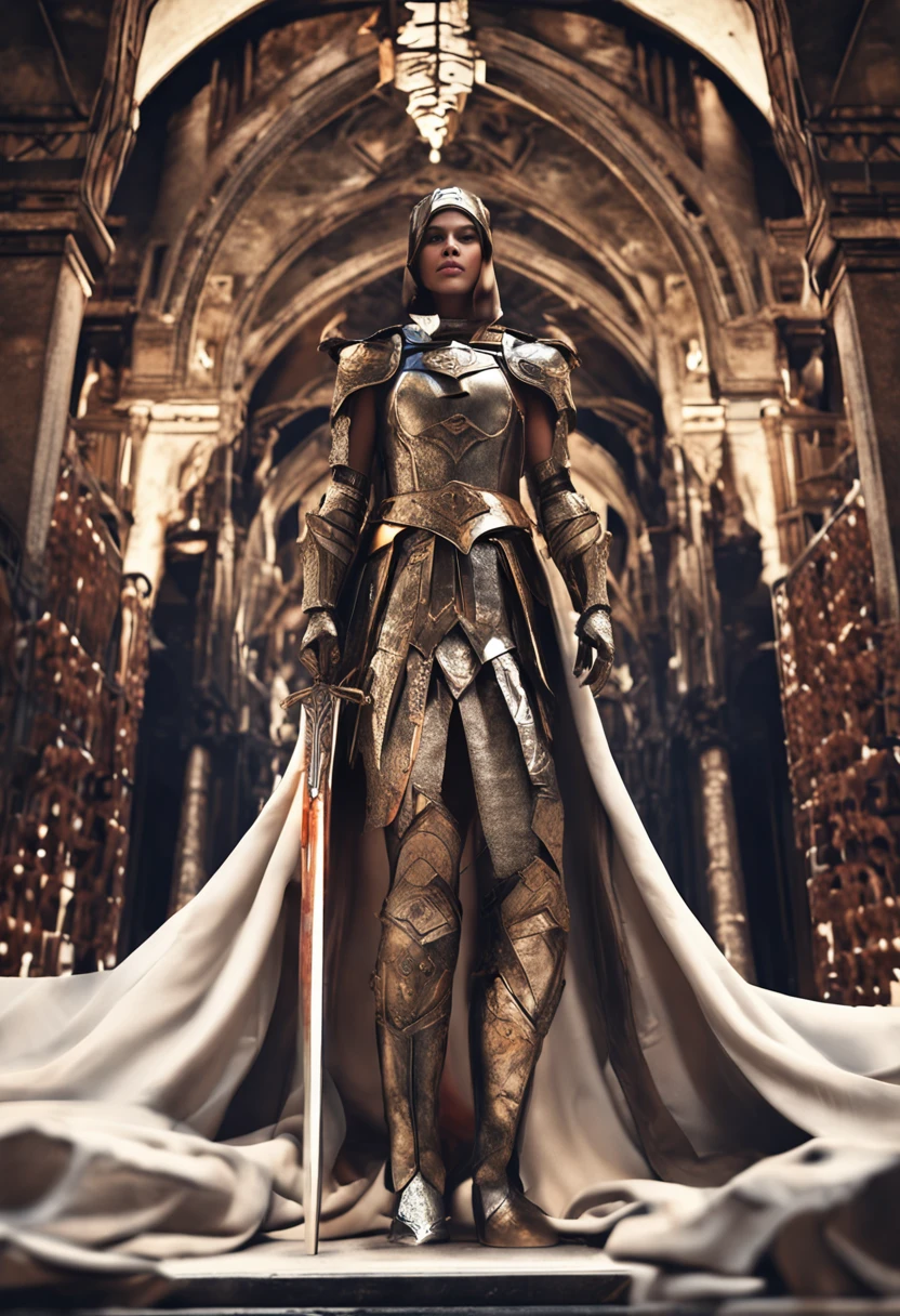 Royal Knights,Gorgeous heavy armor wraps the whole body,show,femele,Tall and mighty,Point the Knight's Sword to the ground,sportrait,closeup cleavage,Solemn,flatchest,modest,humble,Cinematic, hdr, primitive, Intricate, High quality, Gorgeous shades, Intricate details, super-fine,oc rendered,Ray traching,Reallightandshadow,Hyper-realistic