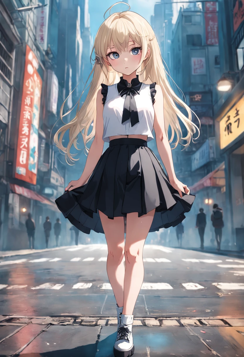 best quality, ultra high res, 1girl, sleeveless white button shirt, black skirt, black choker, cute, (Kpop idol), (aegyo sal:1), (platinum blonde hair:1), ((puffy eyes)), looking at viewer, full body, facing front