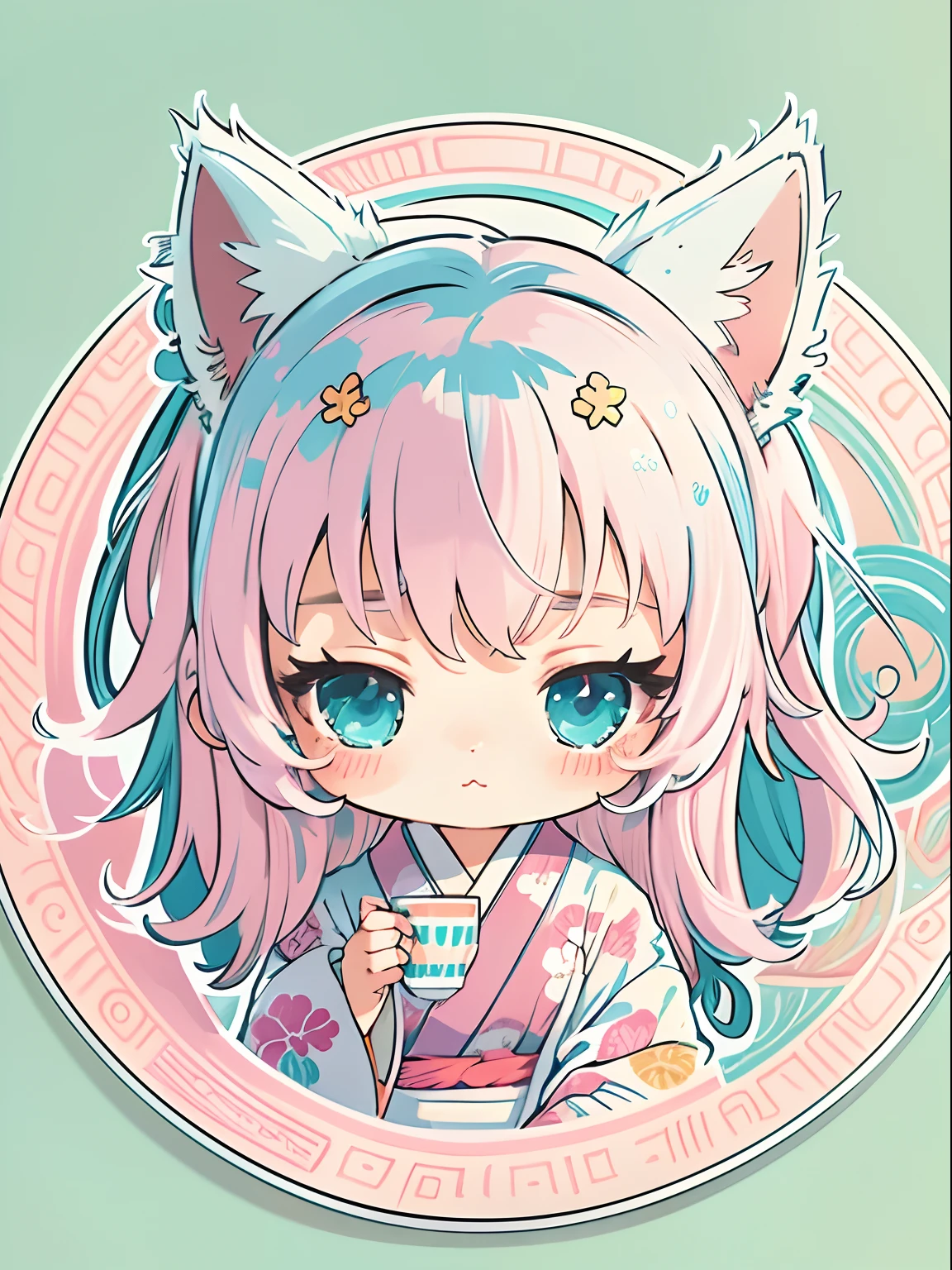sticker, cute anime girl head, longhair style, cat ears, wearing pink kimono, drinking tea, in circle, white Background, Bright blue, Simple, Ultra Detailed, Detailed Drawing, Vectorization, Silhouette, 8k, professional sticker design, flat design, vector lines, sticker, drawing, Drawing, Full HD