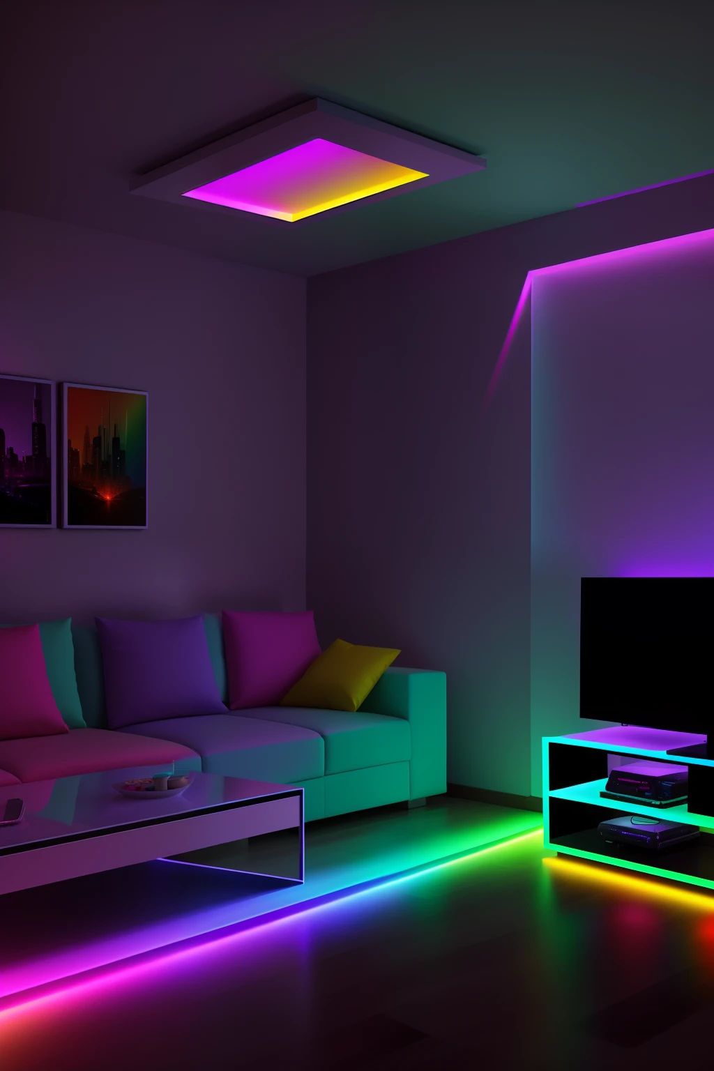 interior living room, rainbow lighting, colored lighting, volumetric rainbow lighting, Colorful lighting, rgb gamer toilet, led light strips, Dramatic colored lighting, Colourful lighting, Colored indicators, Dramatic colored lights, RGB lighting, Luminous interior lighting, rgb led lights, Cheerful ambient lighting, extremely luminous bright design, rgb ethereal lighting