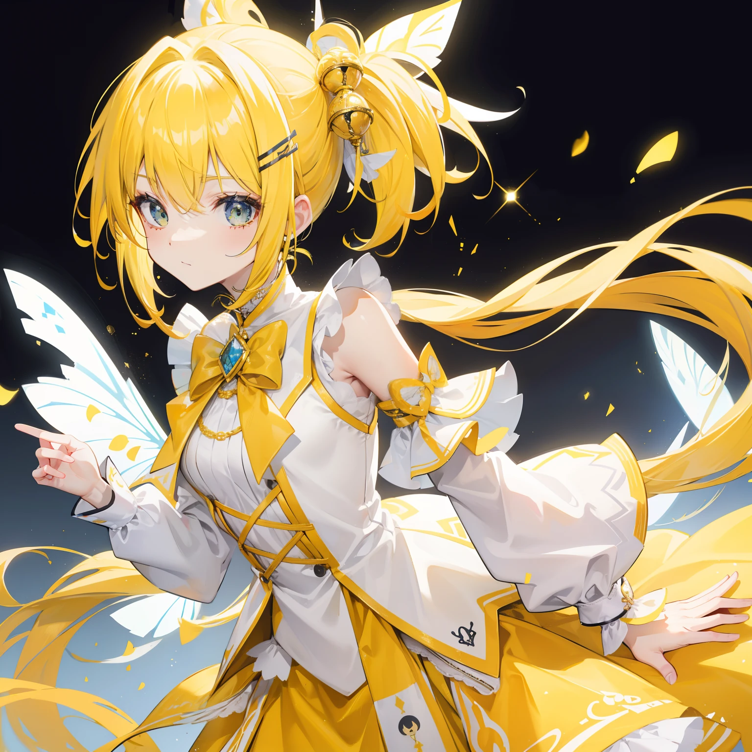 Bright yellow hair，high ponytails，White and yellow clothes are decorated with gold accents，Cute and cute as a fairy