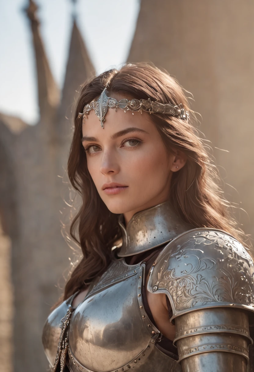 Royal Knights，Gorgeous heavy armor wraps the whole body，show，femele，Tall and mighty，Point the Knight's Sword to the ground，sportrait，closeup cleavage，Solemn，flatchest，modest，humble，Cinematic, hdr, primitive, Intricate, High quality, Gorgeous shades, Intricate details, super-fine，oc rendered，Ray traching，Reallightandshadow，Hyper-realistic