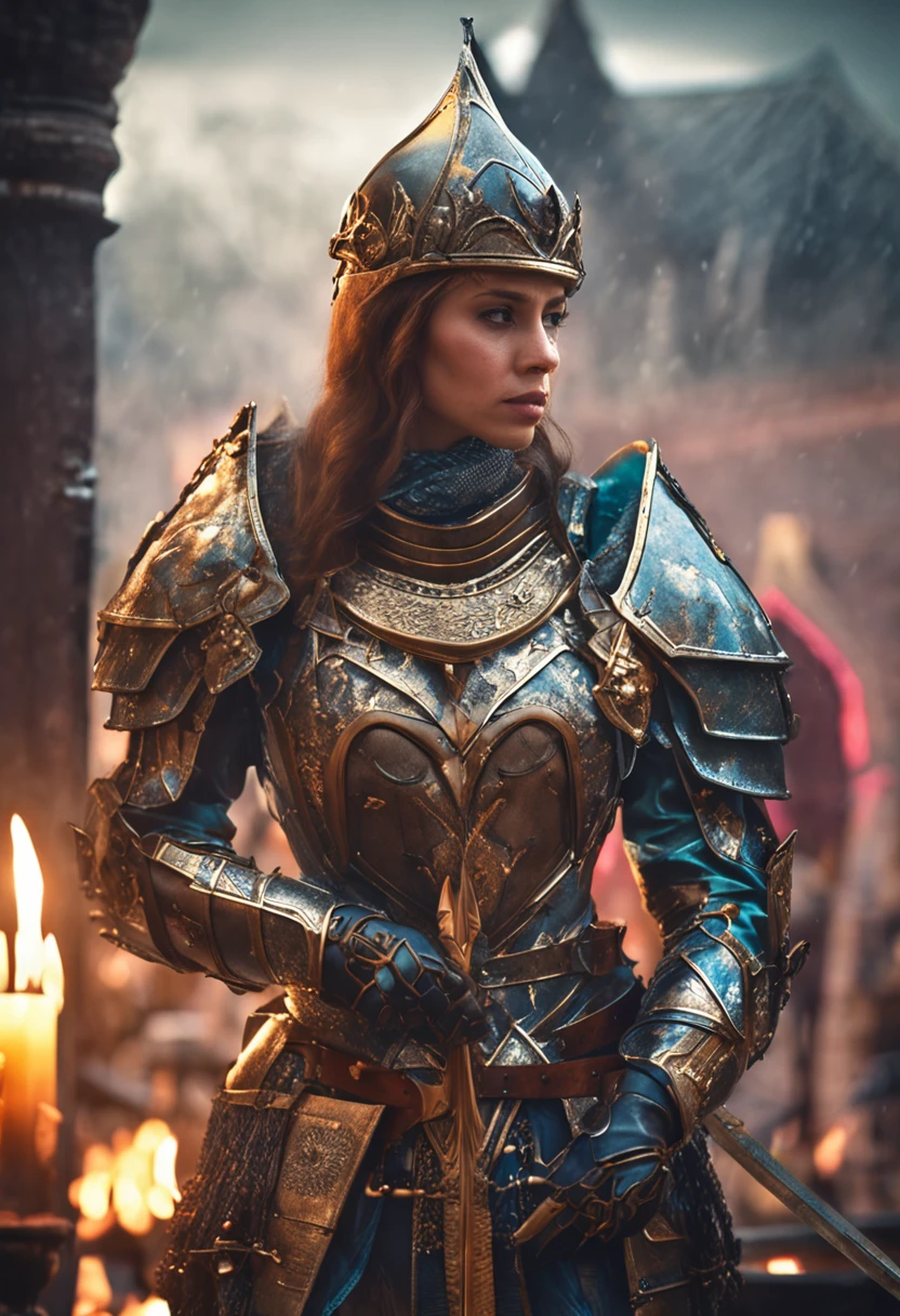 Royal Knights，Gorgeous heavy armor wraps the whole body，show，femele，Tall and mighty，Point the Knight's Sword to the ground，sportrait，closeup cleavage，Solemn，flatchest，modest，humble，Cinematic, hdr, primitive, Intricate, High quality, Gorgeous shades, Intricate details, super-fine，oc rendered，Ray traching，Reallightandshadow，Hyper-realistic