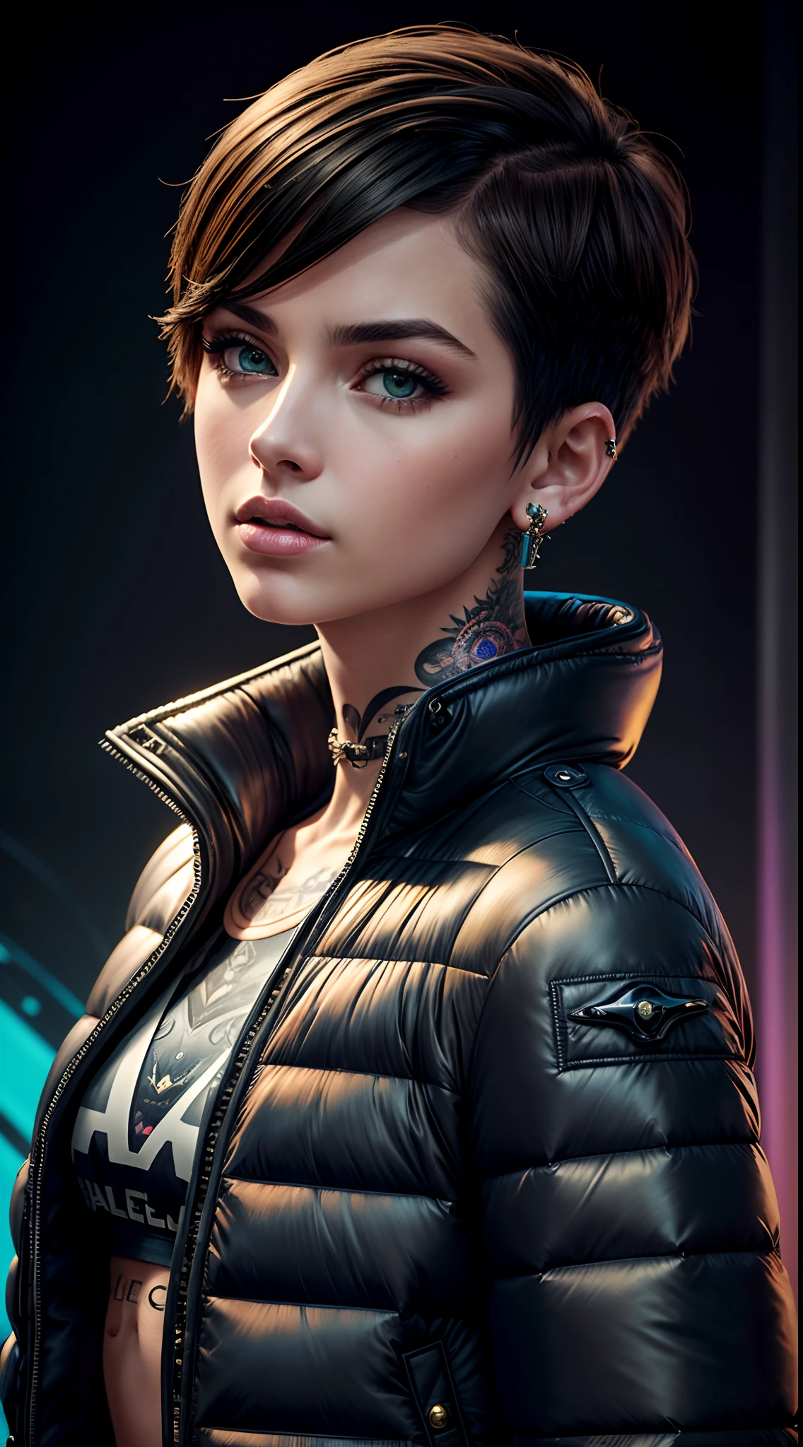 realistic,photo,35mm,cinematic(1woman with super puffer balenciaga jacket with short hair,neck tattoos)colorful background graphite,ultra sharp