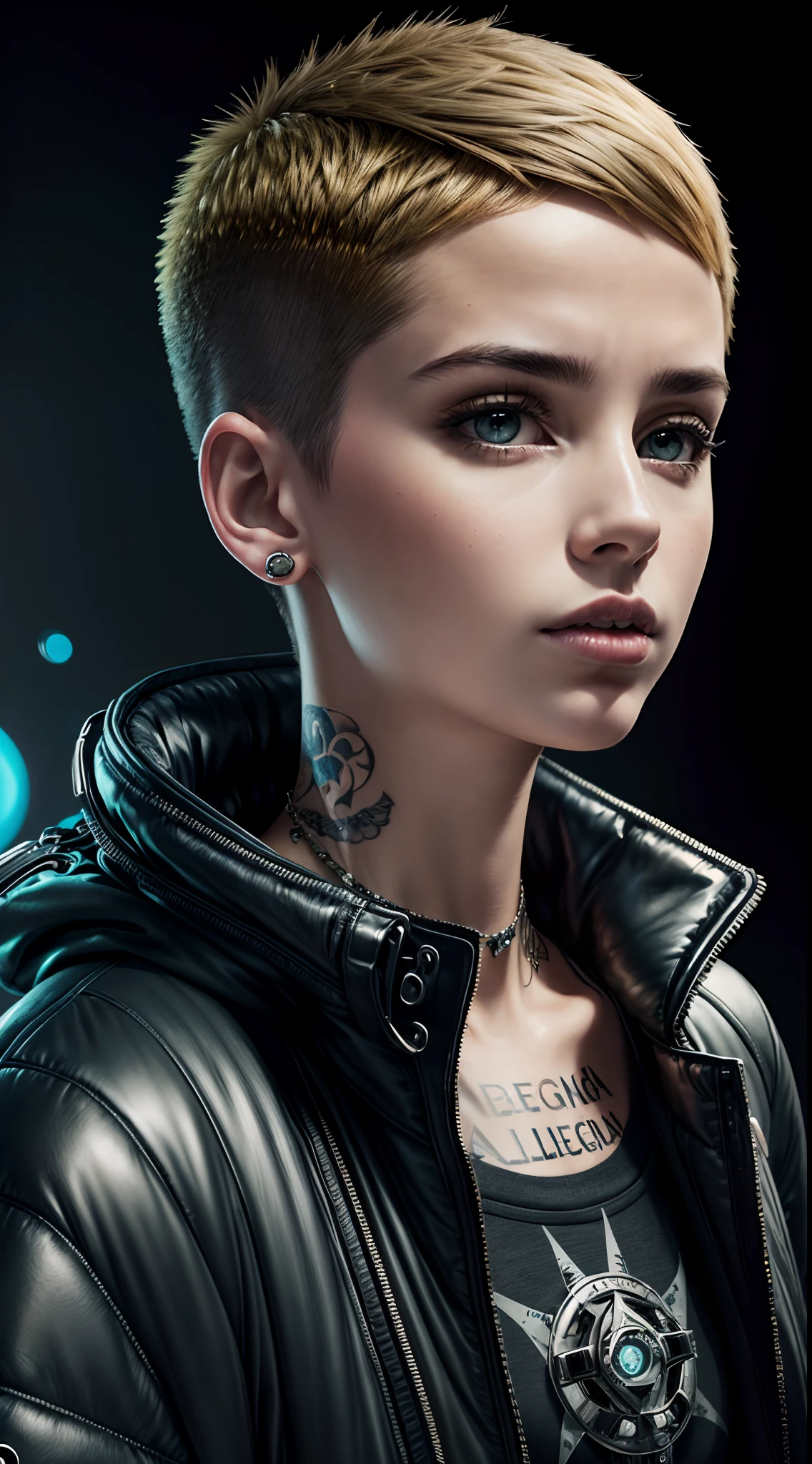 realistic,photo,35mm,cinematic(1woman with super puffer balenciaga jacket with short hair,neck tattoos)colorful background graphite,ultra sharp