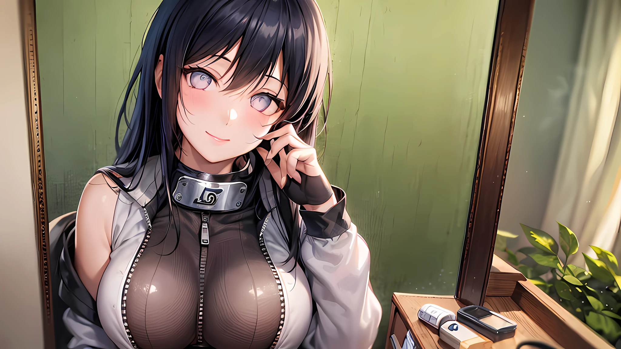 Masterpiece, highres, high Quality, detailed face, smile, beautiful eyes, detailed body render, 1girl, solo, only one person, hyuuga hinata, hinata-sleeveless-outfit, large breasts, sleeveless shirt, fishnet top:1.3, dark lips, unzipped jacket, large shiny breast, thick thighs, no bra, breasts out, puffy , blushes, in the bedroom, dresser, Mirror, clothes in closet, Ninja medical equipment,