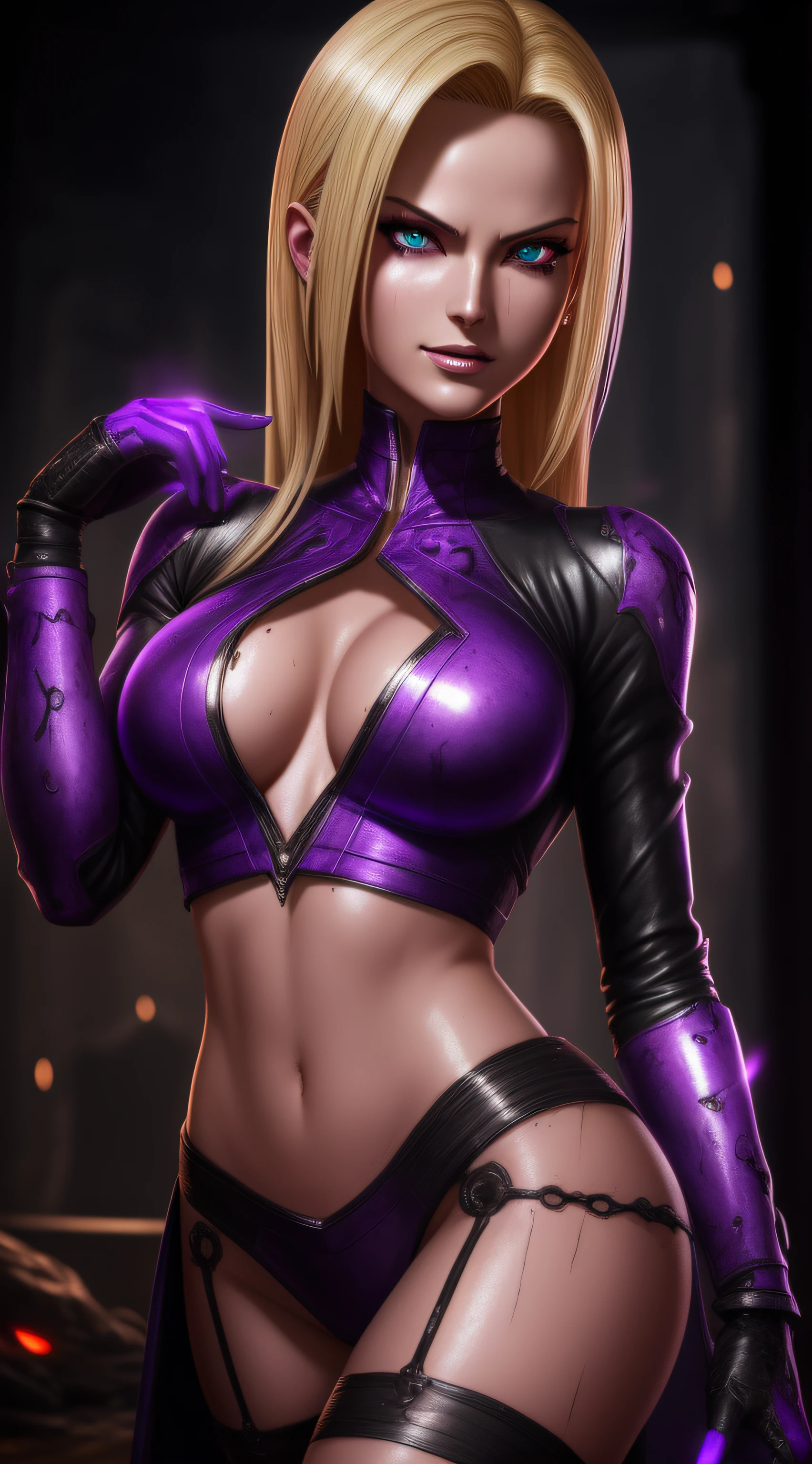 sexy android 18, Glow, seductive, glowing purple eyes , sexy , (ultra photorealistic:1.3), (masterpiece:1.4), best quality, ((realistic)), high quality, ultra detailed, ((real image)), ((realistic skin)), ((realistic face)),(illustration:1.05), (beautiful:1.05), (beautiful detailed eyes:1.05), (cinematic light:1.1), Extremely realistic , evil , wet ,corrupted , black veins ,parasites , dark energy , swarm, hive , grin , sadistic