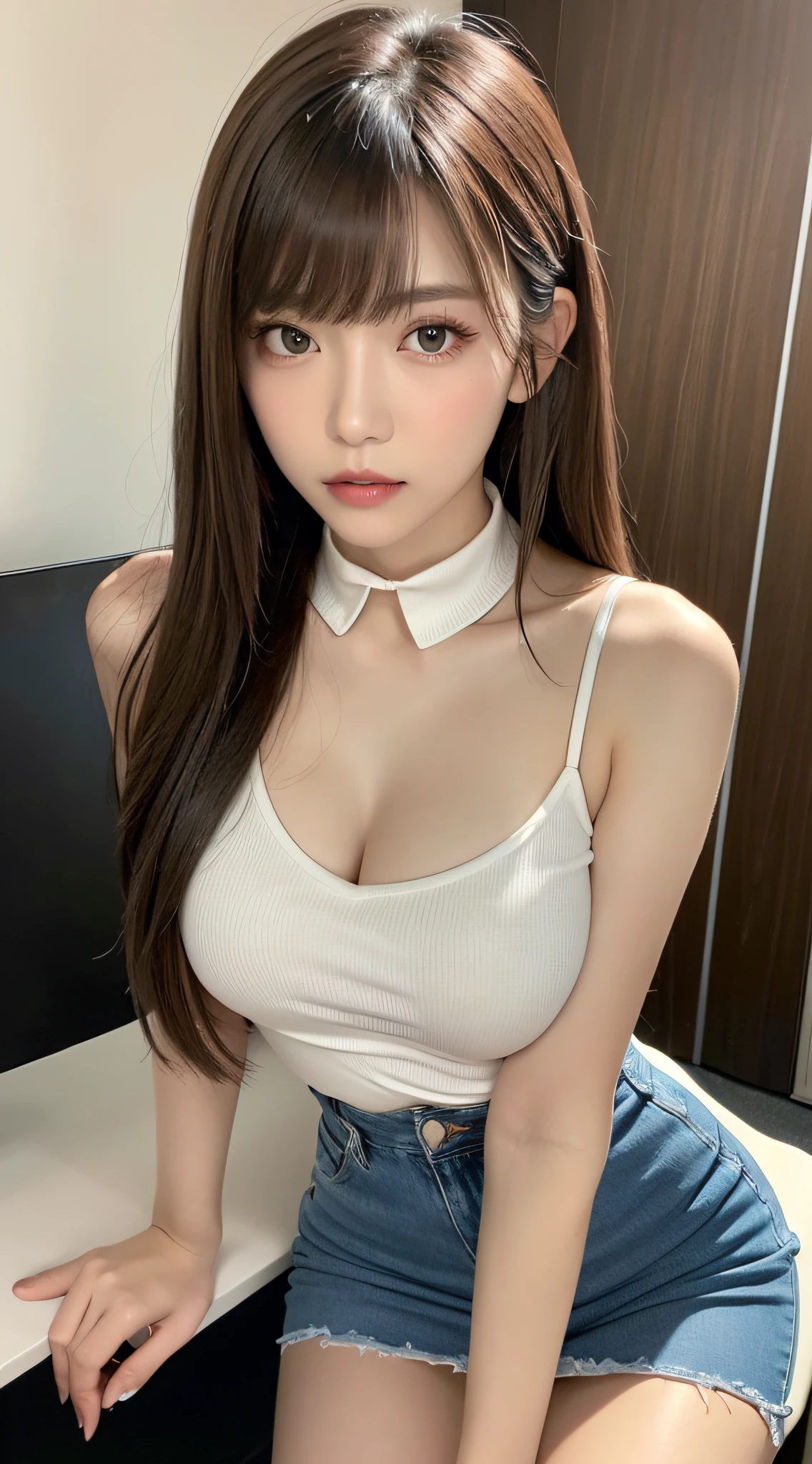 (Best Quality, 8K, masutepiece, Ultra HD: 1.3), 1girl in, small tits ,light brown hair, Blunt bangs, hair behind ear, hair over shoulder, Long hair,  slender body shape, Ultra Fine Face, Delicate lips, Beautiful eyes, Double eyelids, lipsticks, thin blush ,Green eyes ,perfect glossy skin,flawless skin,fair white skin,perspiring,A gaze that invites you, chest,Ultra-thin hands, Ultra-fine fingers, shirt with collar, tight skirts , beauty legs ,pumps. s Office