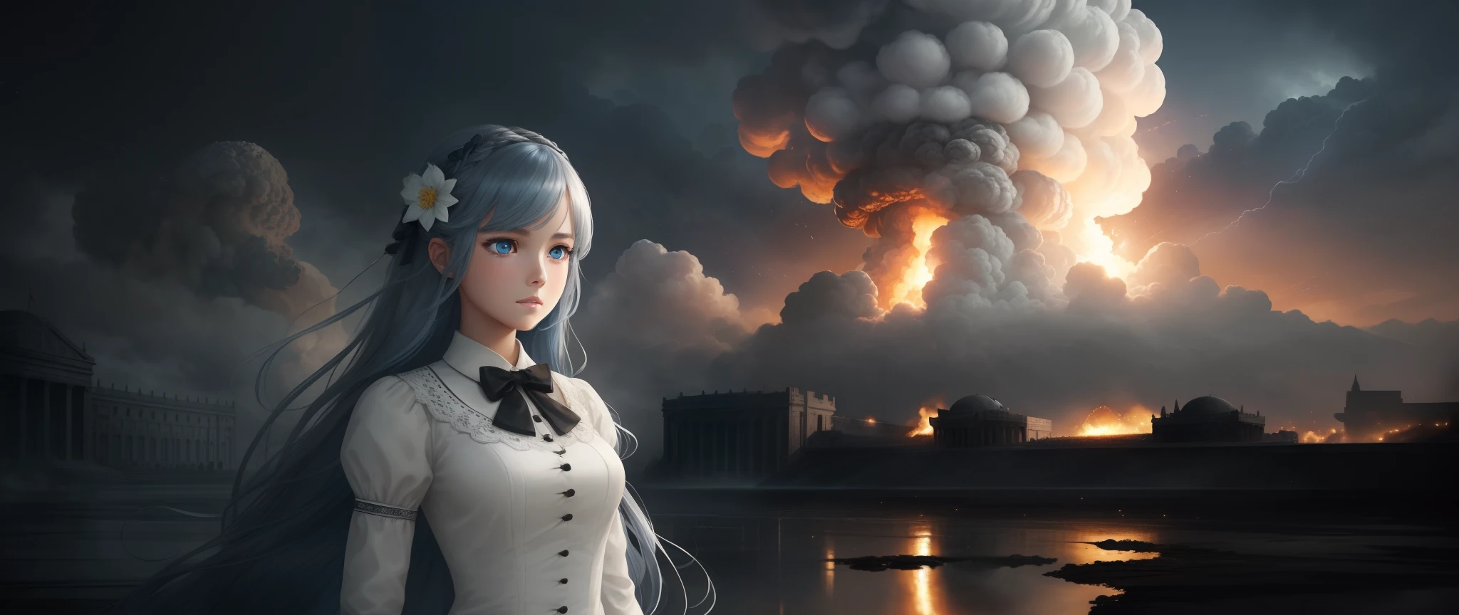 masterpiece, best quality, illustration, {beautiful detailed girl}, beautiful detailed glow, (flames of war: 1.2), (nuclear explosion behind: 1.3), rain, detailed lighting, detailed water (beautiful and detailed eyes: 1.1), expressionless, palace, blue hair, disheveled hair, long bangs, hair between the eyes, (white and gray dress: 1.1), black ribbon, white bow ties, abdomen, big forehead, immovable look, flower, long sleeves