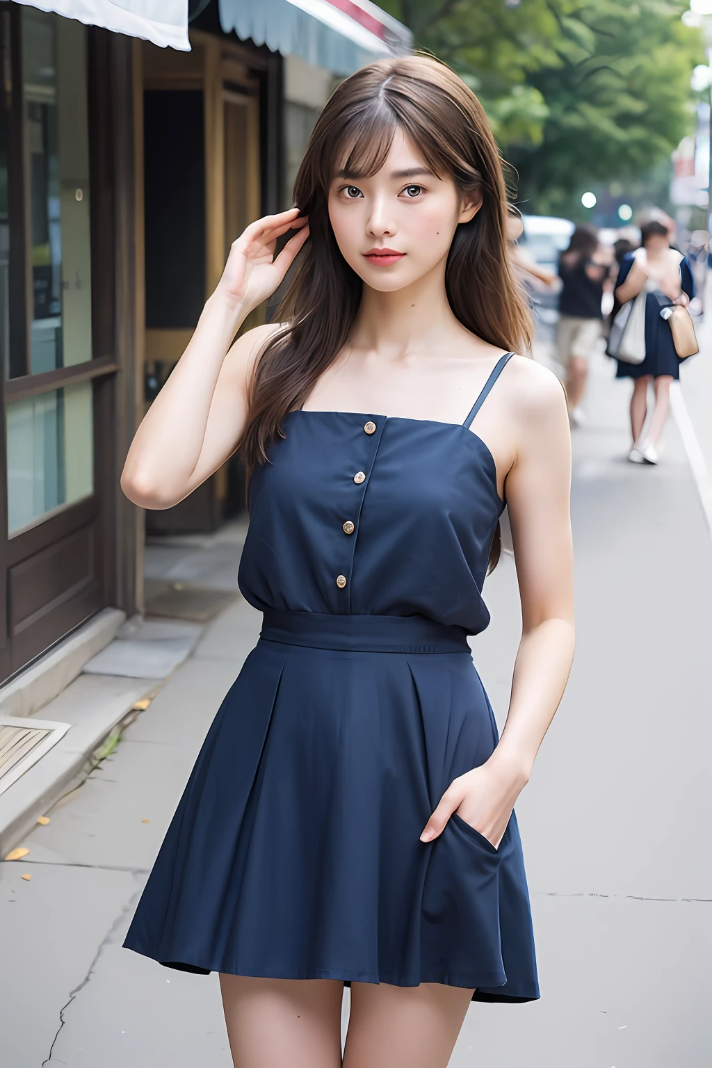 (From head to thighs:1.5),(bokeh in the background)、(f/1.8)、(best qualtiy:1.2)、1girll、standing on your feet,looking at viewert、(ta costume ),(Superskirt)、(Simple street in the background:1.4)、Precise proportions、White skin of the、real looking skin、tmasterpiece、Studio lighting、(((The erection)))、Natural abs、By bangs、bare shoulders、hair between eye、pale brown hair、二重まぶた、Central eye、独奏、