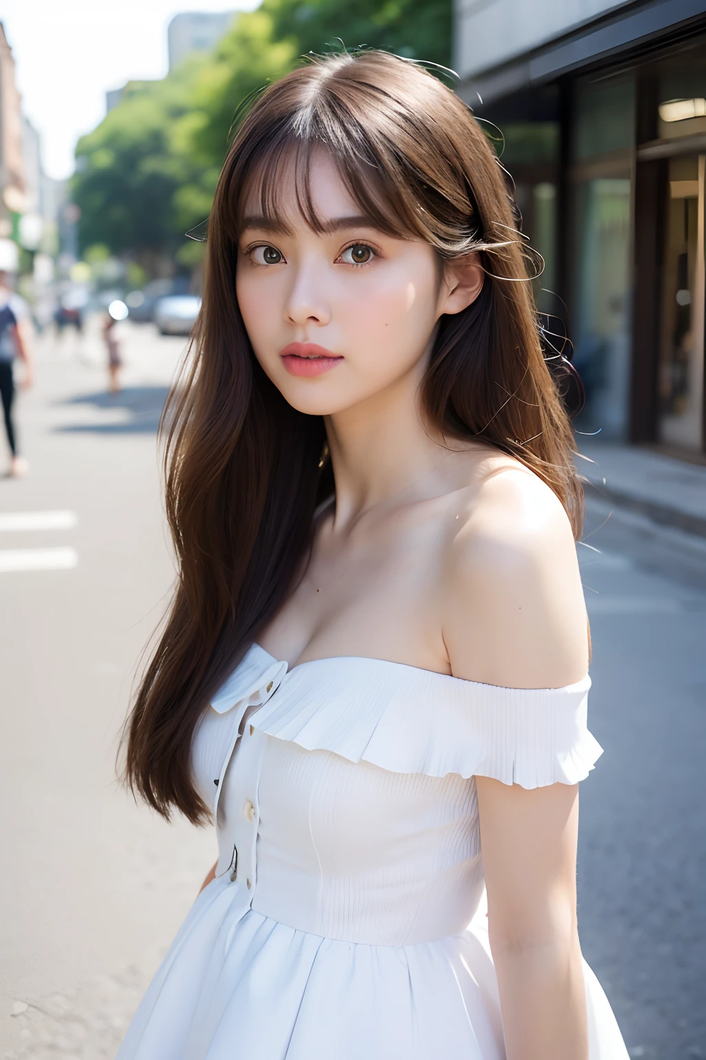 (From head to thighs:1.5),(bokeh in the background)、(f/1.8)、(best qualtiy:1.2)、1girll、standing on your feet,looking at viewert、(Lolita costume ),(Superskirt)、(Simple street in the background:1.4)、Precise proportions、White skin of the、real looking skin、tmasterpiece、Studio lighting、(((The erection)))、Natural abs、By bangs、bare shoulders、hair between eye、pale brown hair、二重まぶた、Central eye、独奏、