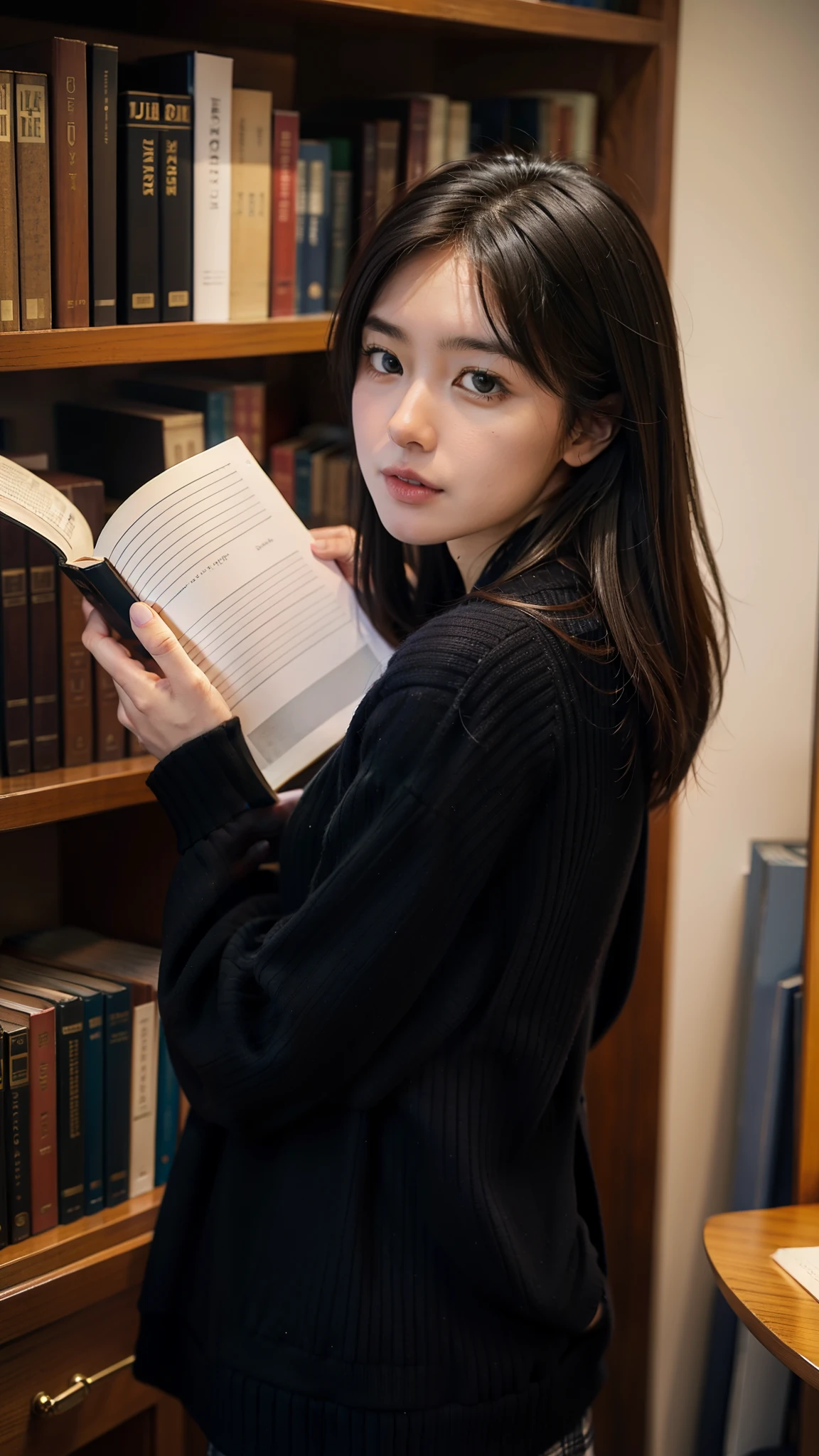 A girl wears JK，Read a book in the library