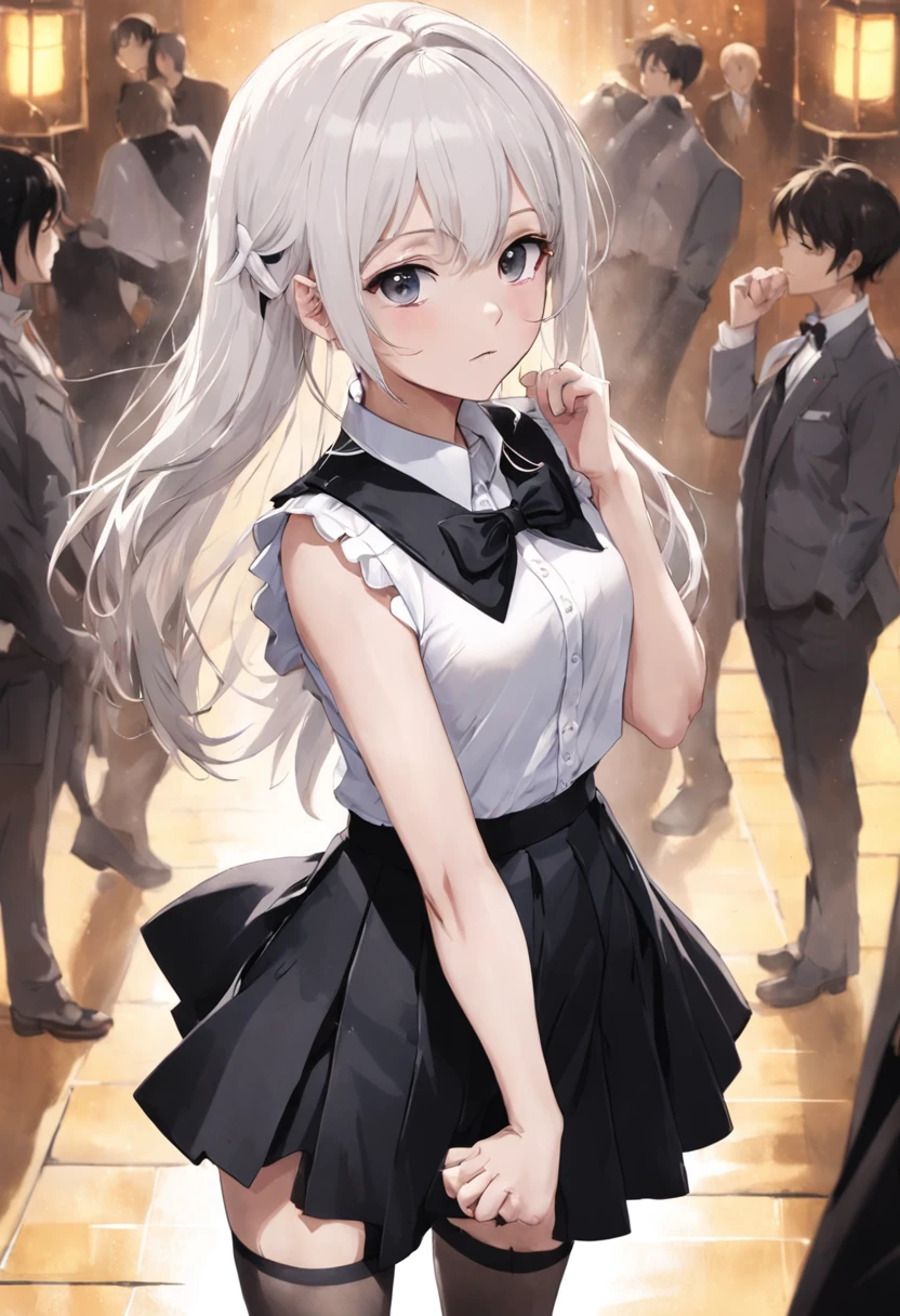 best qualtiy,超高分辨率,1girl,sleeveless white button shirt,a black skirt,Black collar,adolable,,white stockings,(Kpop idol),(aegyo sal:1),(Platinum blonde hair:1),((puffy eye)),It looks like in front of the audience,full bodyesbian,facing the front there
