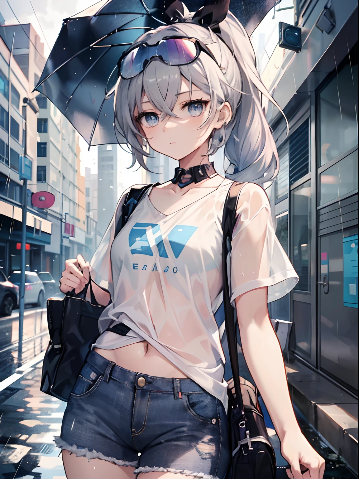 Exquisite masterpiece, best quality, illustration style, an anime girl with a curly ponytail, beautiful eyes, summer, white short-sleeved hem blown by the wind, jeans, blue-purple gradient goggles, small, heartwarming, youthful and beautiful, heroic and sassy, black and white matching, gray hair, showing a natural casual style. The dynamic posture contains the golden section, large aperture portrait, white space, strong contrast between light and shadow, super texture, super clear and concise picture, presenting extremely beautiful, elegant temperament, delicate facial expressions, city background, rainy days, road area water reflection