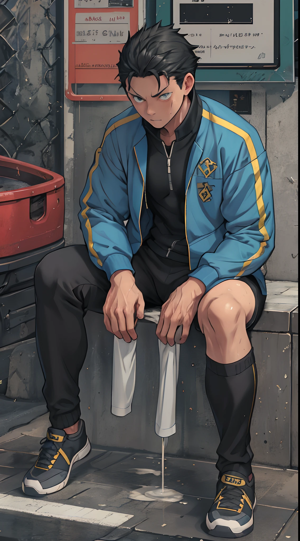 （1 Adult male），A high resolution， Sharp focus， Pixiv masterpiece， （（Complicated details））， highly  detailed， natsuki_subaru， 1 man，perfect male figure，Urine on the trouser leg， Nervously bow your head，is shy，embarressed，exhilarated，is shocked，panicking，worry，A pool of urine formed around him，Very eager to pee，Unbearable，Wet yourself，Urine discharge，full bodyesbian，sit astride，Tired，decadent， blue color eyes（eyes glowing）， Black hair short hair，Sports jerseys，White socks and sneakers worn on the feet，perspire，Drenched，Get wet，pissing，urine flows down the pants，look from down