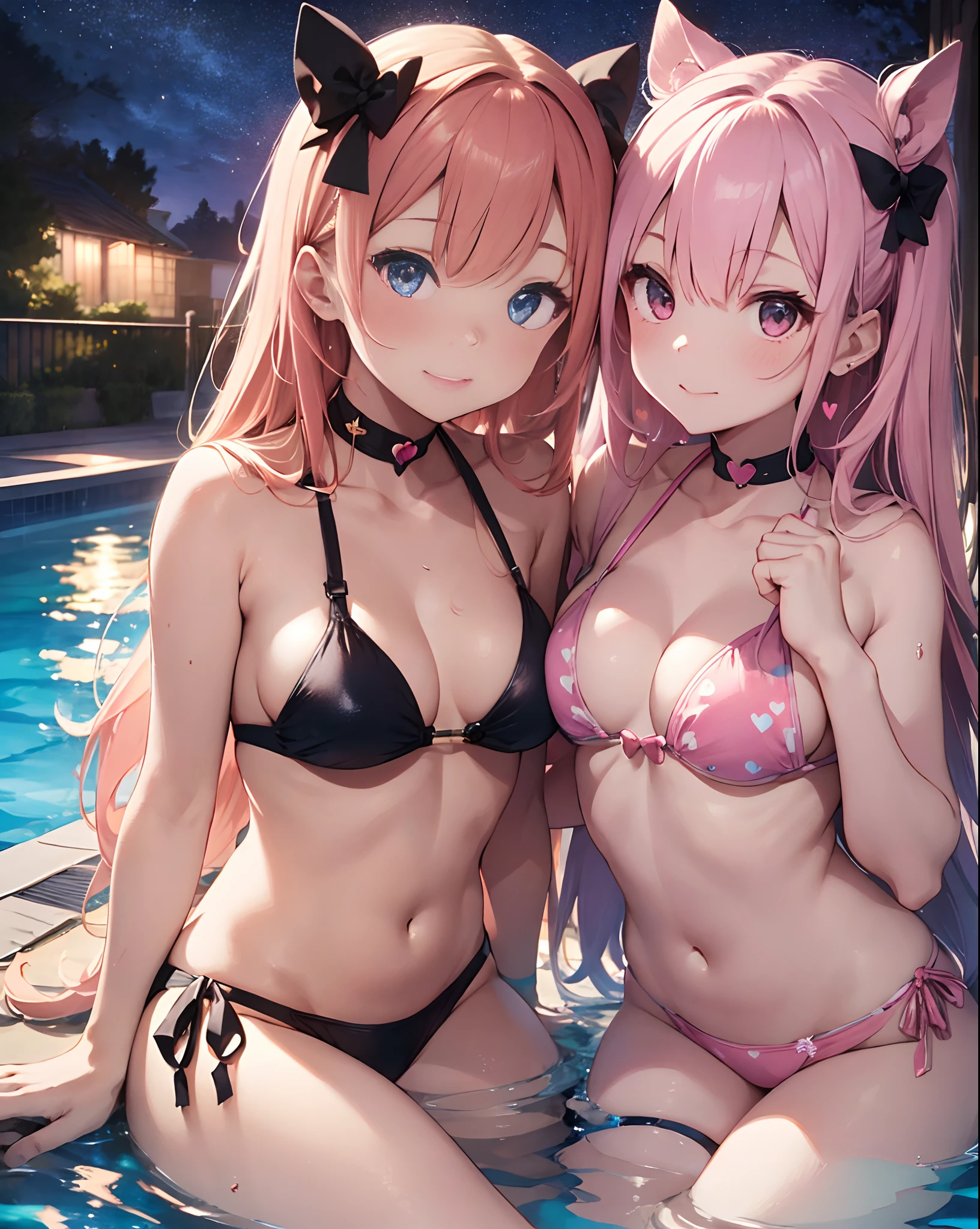 Two girls putting their hands on their chests、Super long hair、The bikini、blonde and pink hair、Create a heart shape with a heart-shaped effect for viewers):1.5、Night pool on glittering background