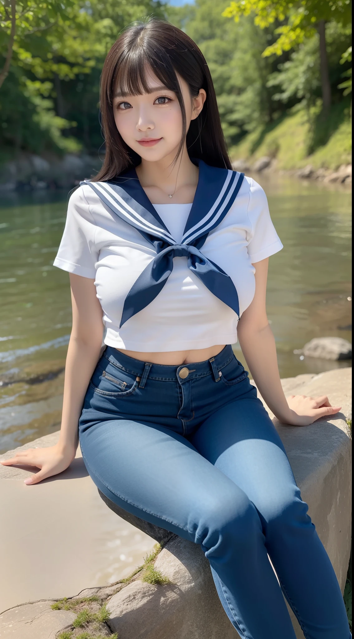 a pregirl，horse tailed，Large breasts, ssmile, looking at viewert, sailor uniformm,skintight jeans, athletic sneakers，photore, realisticlying, Best quality at best, employee, 详细的脸, Sitting on a large rock by the river in the middle of the woods, diffuselighting, depth of fields, Background bokeh