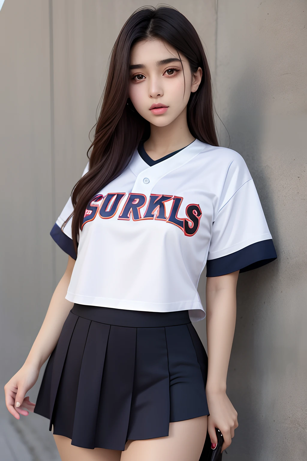 a beautiful yo Turki woman, baseball tshirt oversize ,short skirt, detailed, detail body and face.
