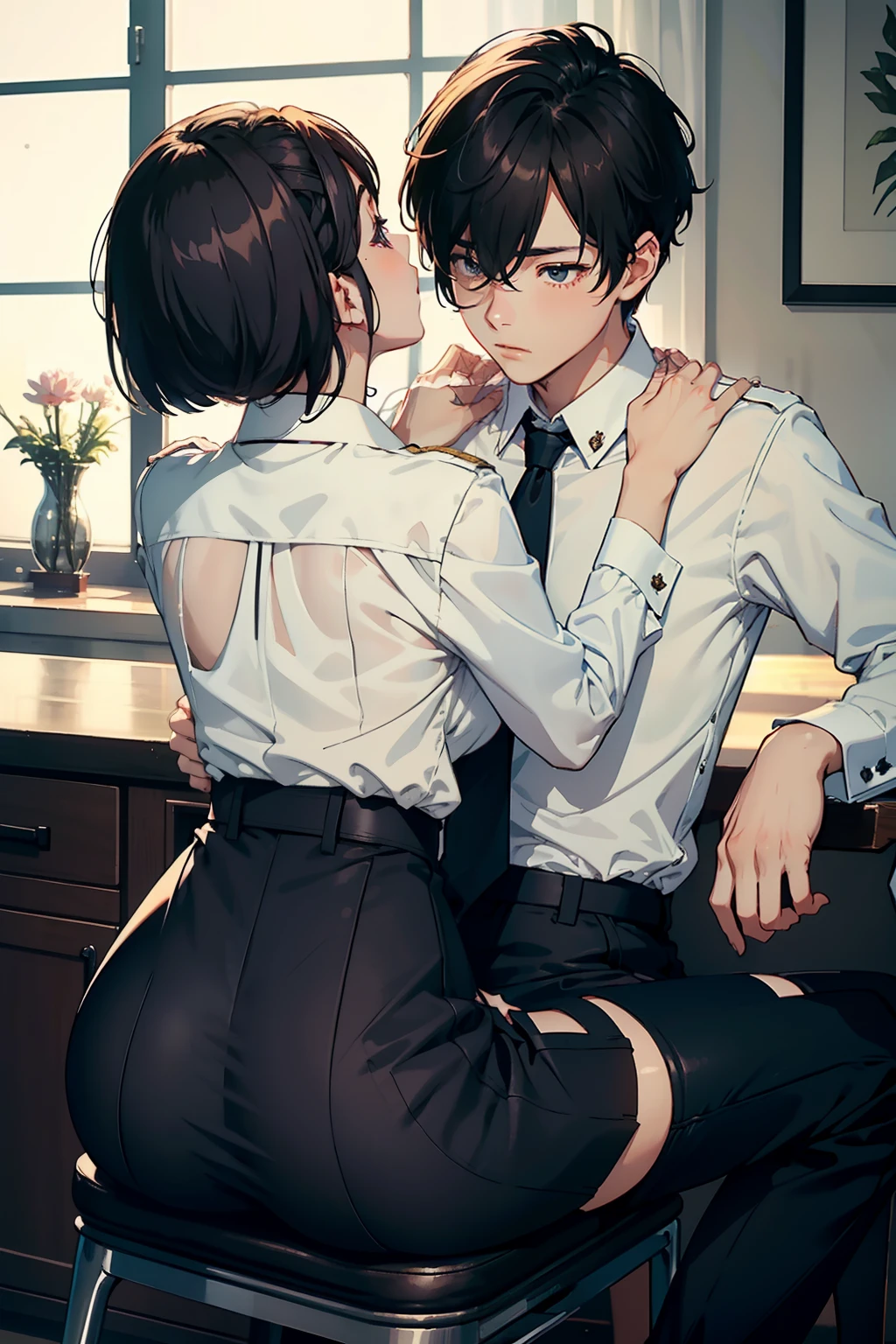 top-quality　​masterpiece　Male and female couples　Girl sitting on a chair wearing a tight skirt over a blouse。Boys hugging each other from behind。Boys wearing high school long pants uniforms with mash cut hairstyles。Without glasses、Revenge relationship